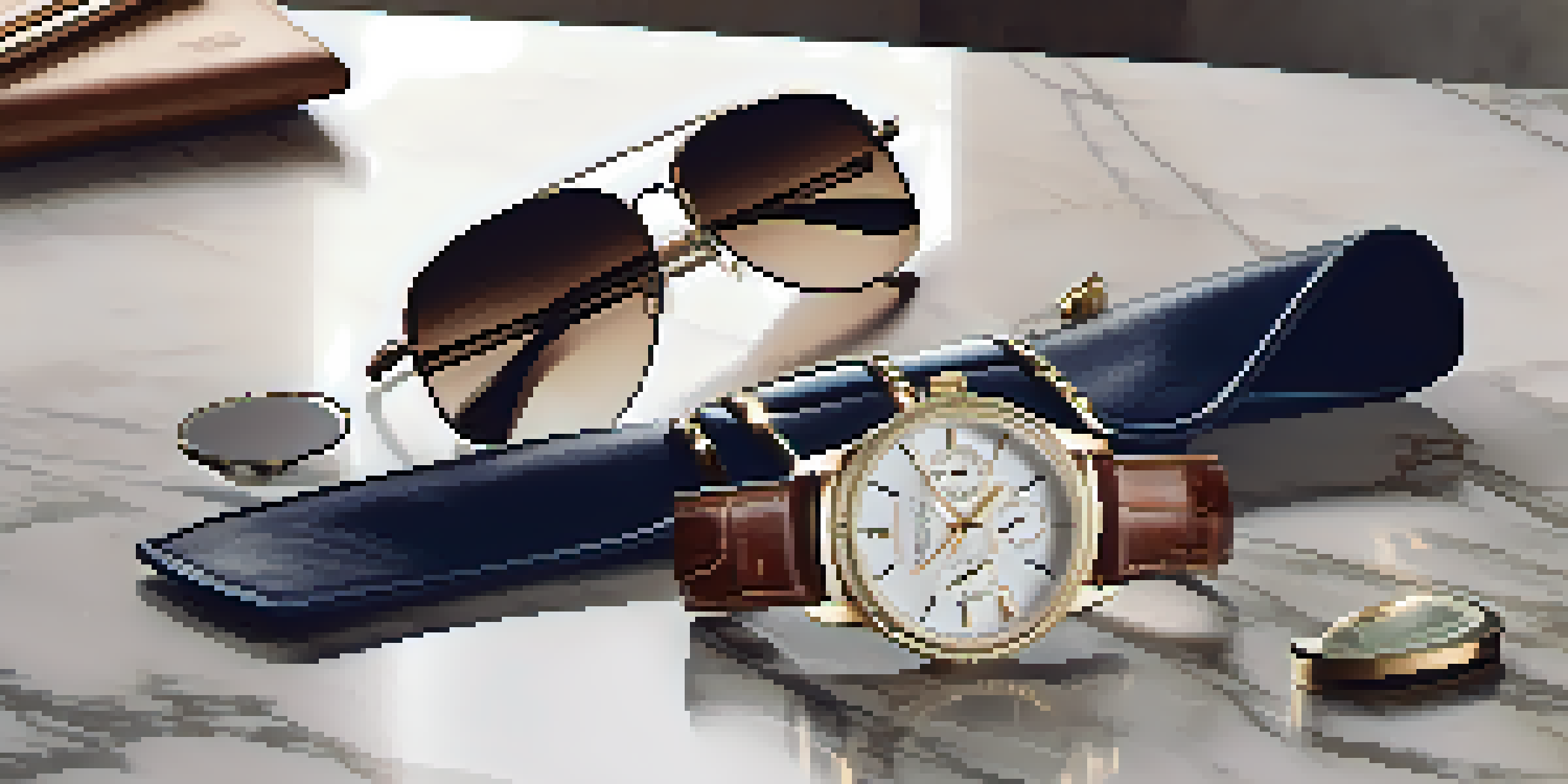 A flat lay of luxury items including a watch, wallet, and sunglasses on a marble surface with a cityscape in the background.