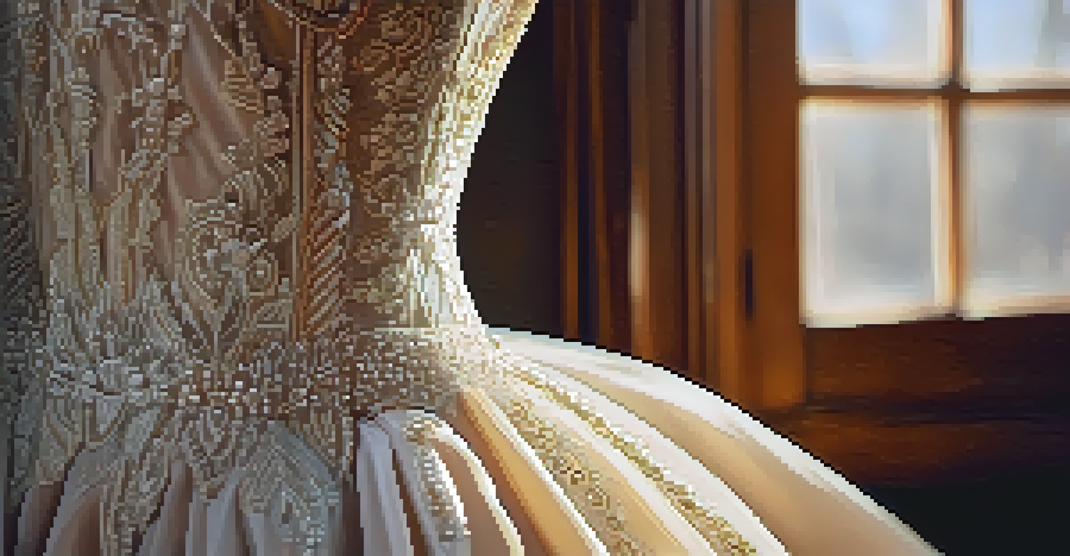 An up-close view of a delicate vintage dress showcasing intricate beading and embroidery, draped over a wooden chair with soft sunlight illuminating the scene.