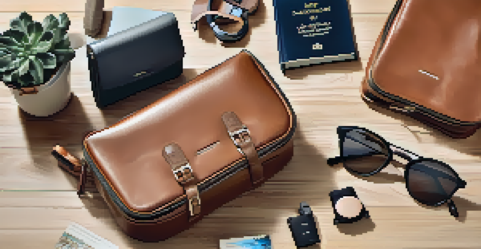 An elegant display of leather travel organizers and packing cubes on a wooden table, accompanied by a travel magazine and noise-canceling headphones.