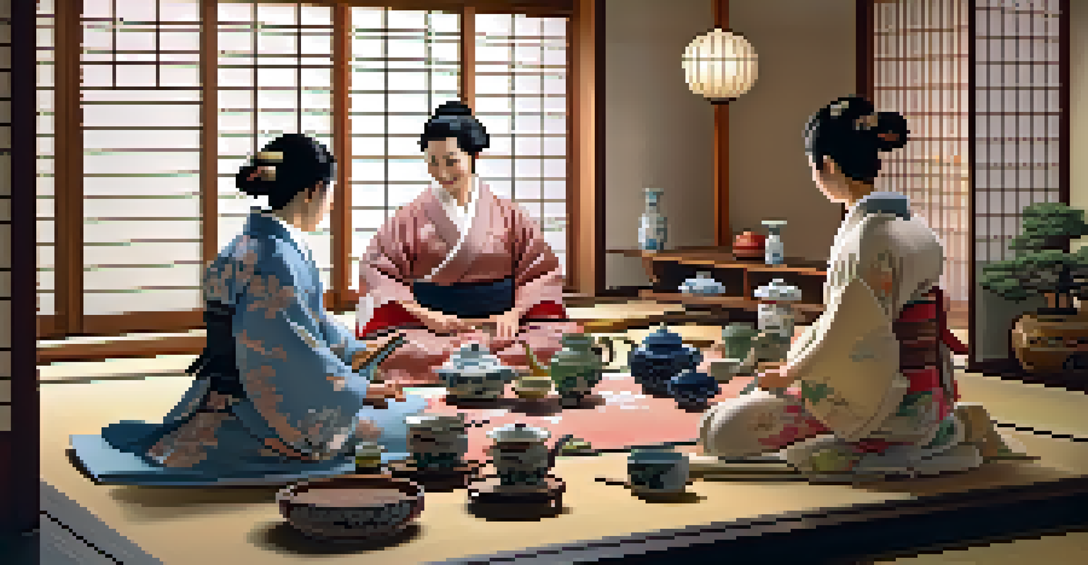 A family participating in a traditional tea ceremony in Japan, surrounded by intricate tea sets and beautiful Japanese decor.