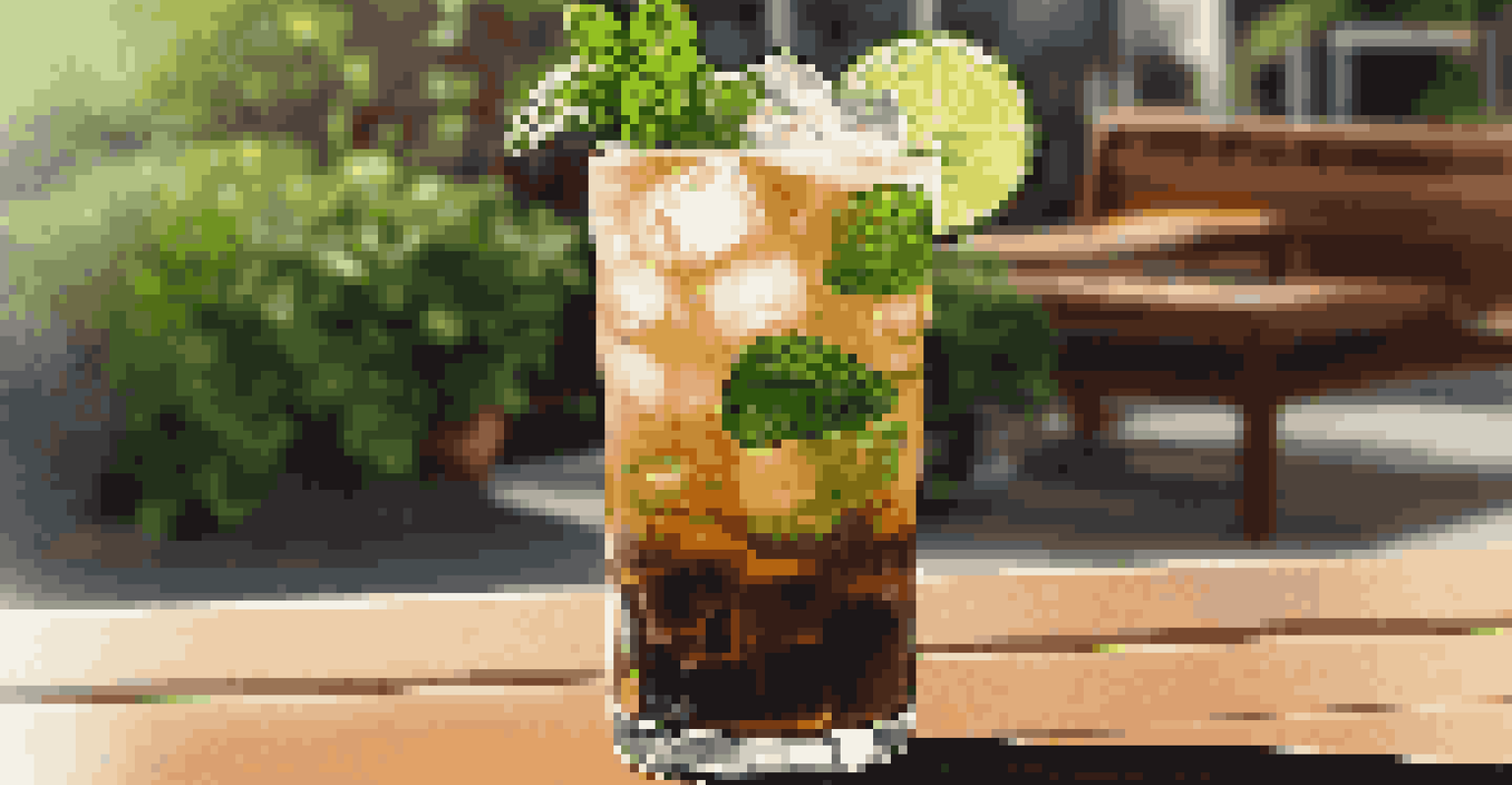 An Iced Coffee Mojito cocktail in a tall glass, with mint and lime, on a sunlit outdoor patio.