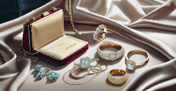 A top-down view of a designer handbag on velvet fabric, with elegant jewelry pieces around it, illuminated by soft natural light.