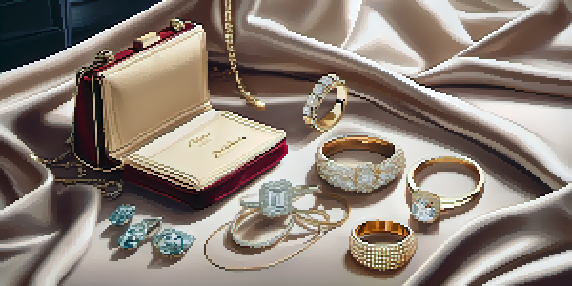 A top-down view of a designer handbag on velvet fabric, with elegant jewelry pieces around it, illuminated by soft natural light.