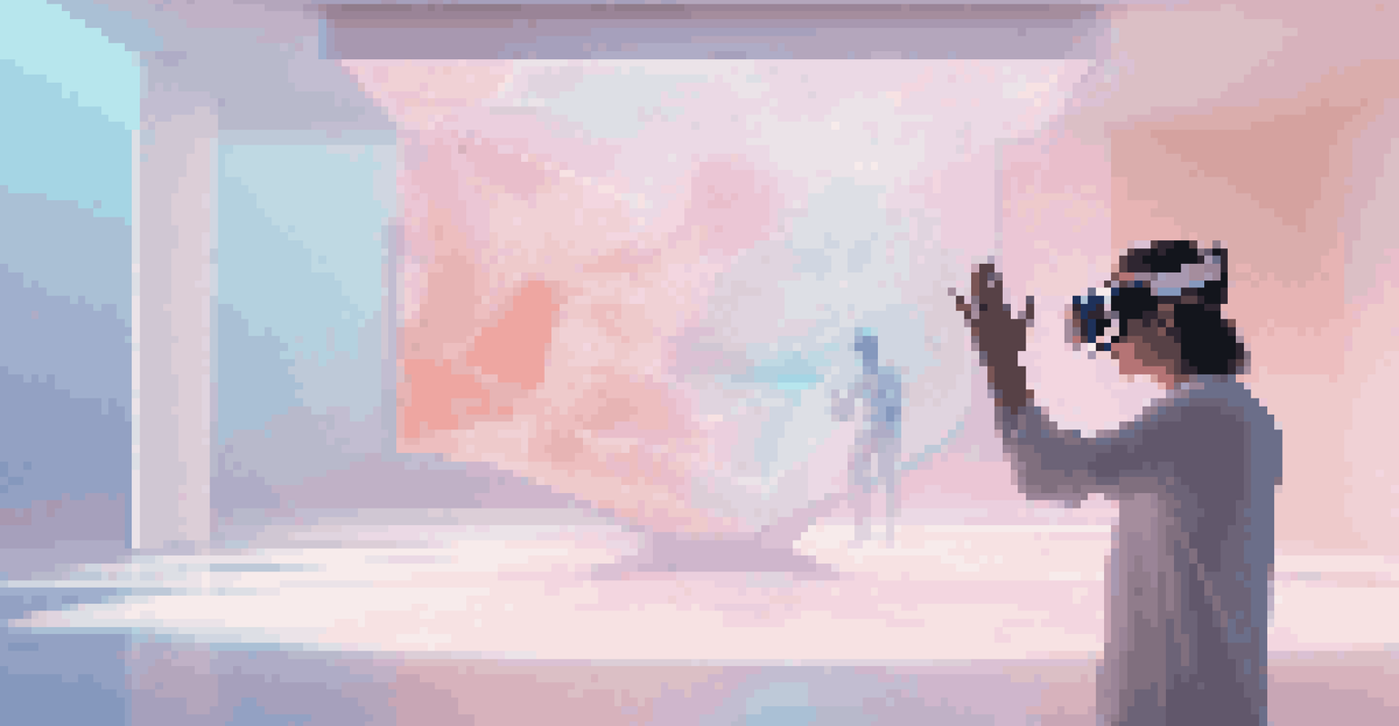 A person in a bright space using virtual reality goggles to interact with a holographic sculpture, with a minimalist background.