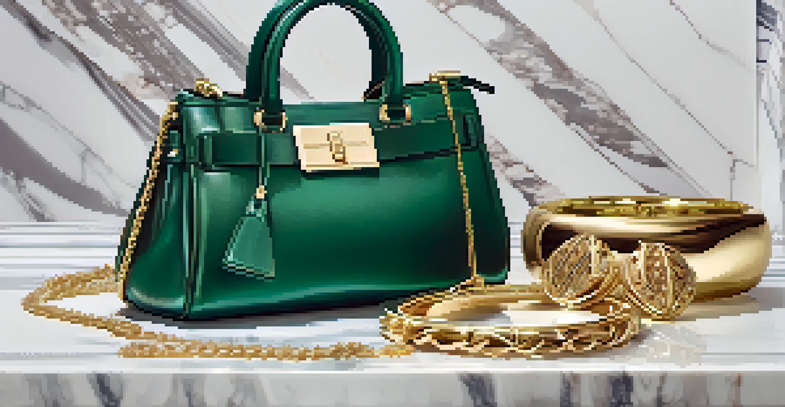 An elegant close-up of an oversized emerald green handbag and chunky gold jewelry on a marble surface, with a blurred boutique background.