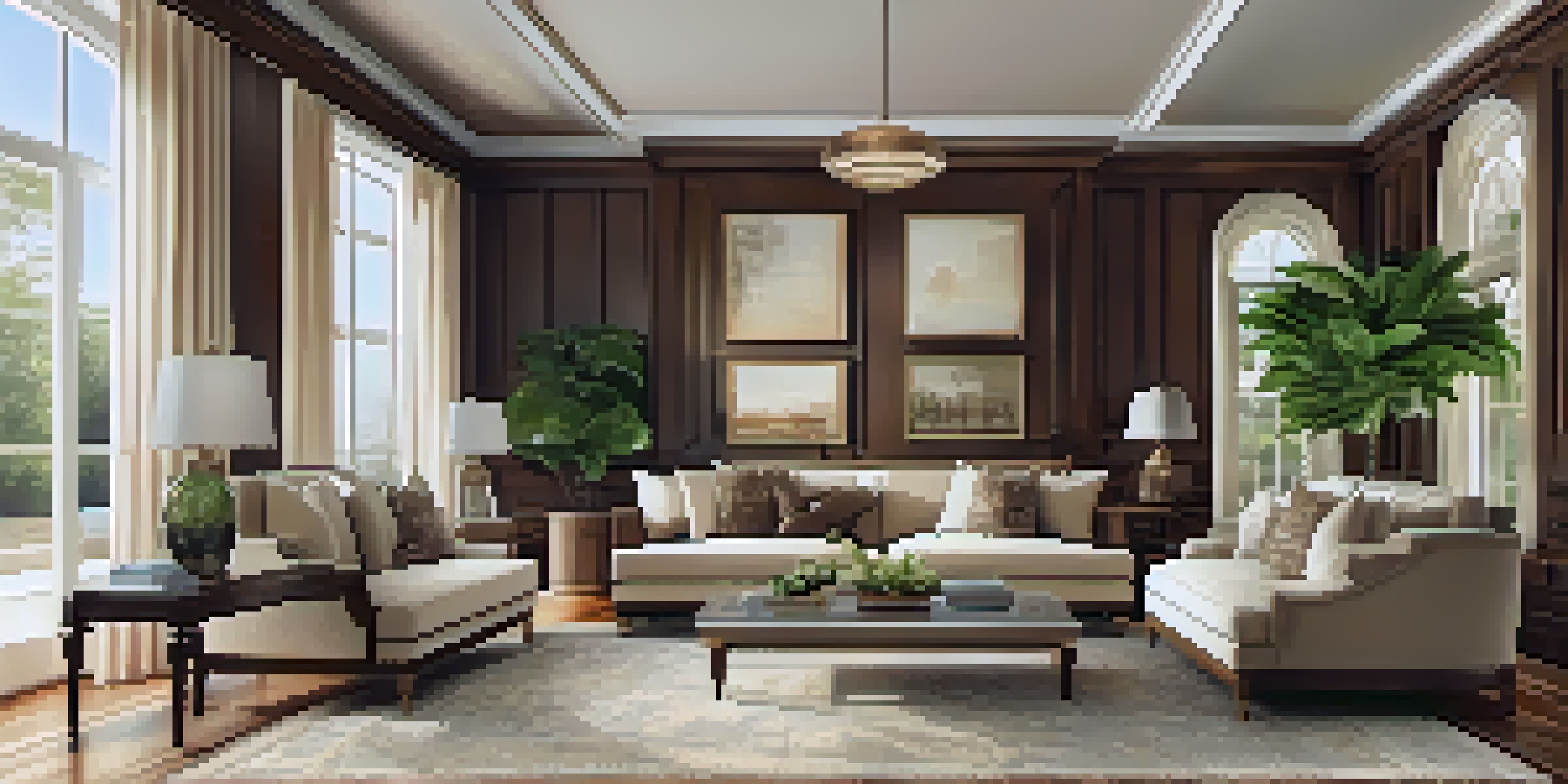 A spacious and elegant living room with natural light, stylish furniture, and a green indoor plant.