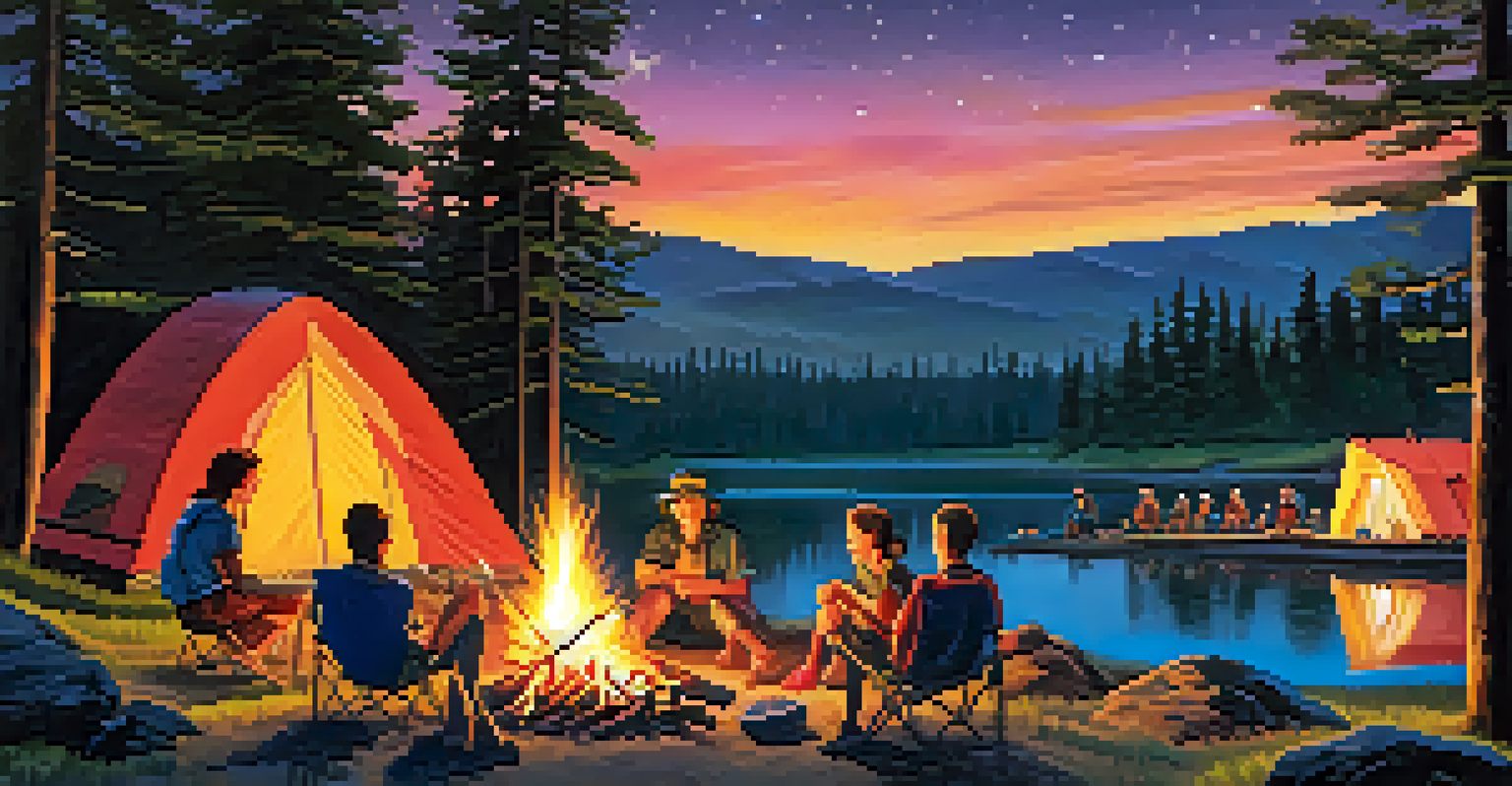 A lively camping community gathered around a bonfire at night, with tents in the background and campers enjoying the moment.