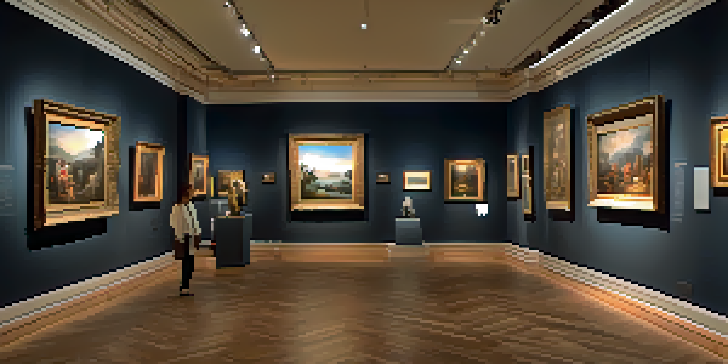 A luxurious art gallery filled with diverse artworks, under warm lighting, creating a serene atmosphere.
