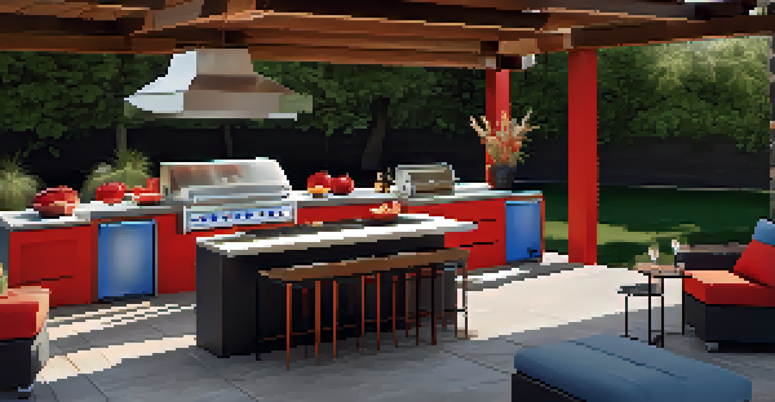A modern outdoor kitchen with colorful furniture, a grill, and a fire pit, set in a cozy evening atmosphere.
