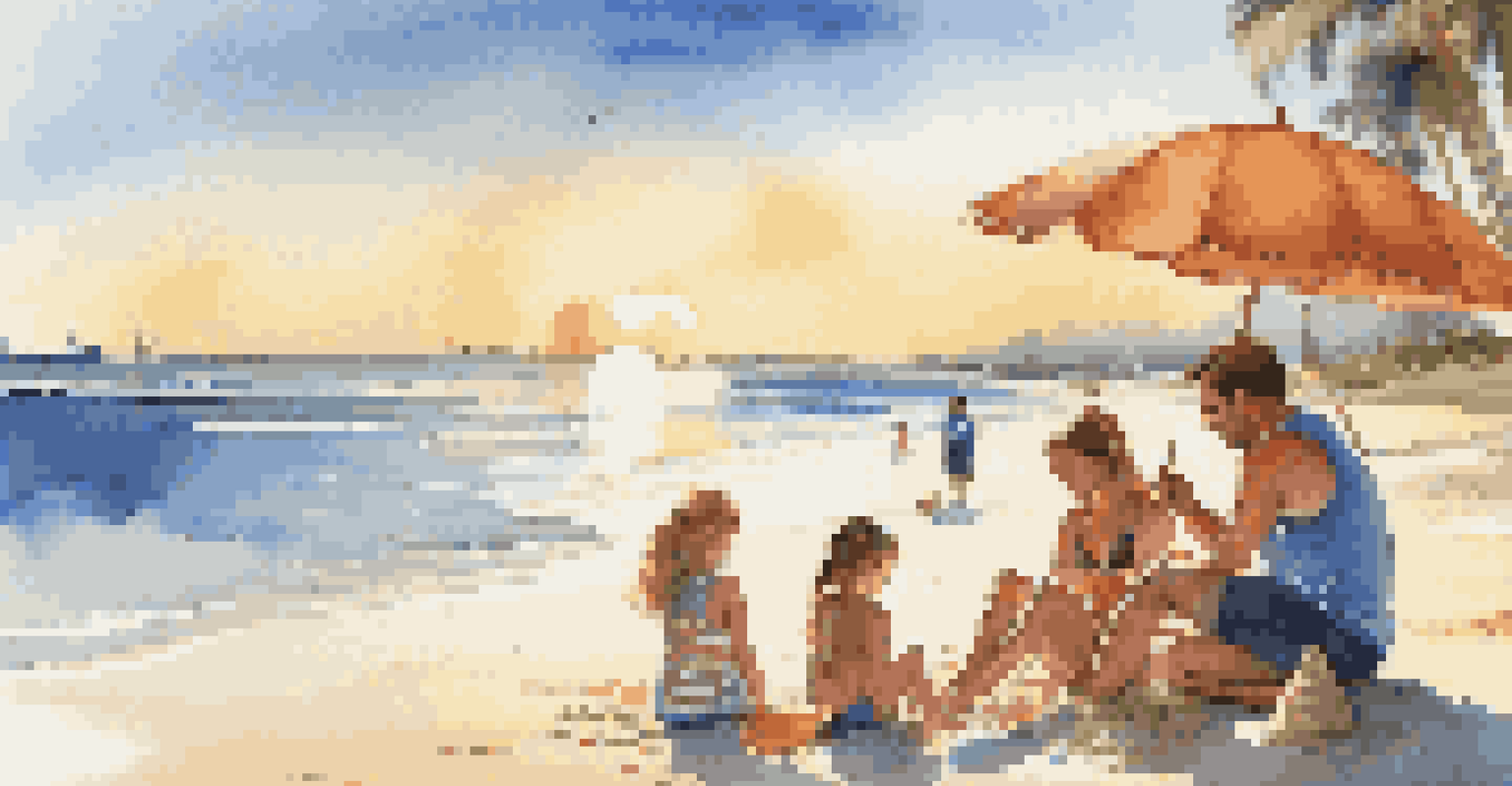 A family of four enjoying a beach vacation, building a sandcastle with palm trees and a sunset in the background.