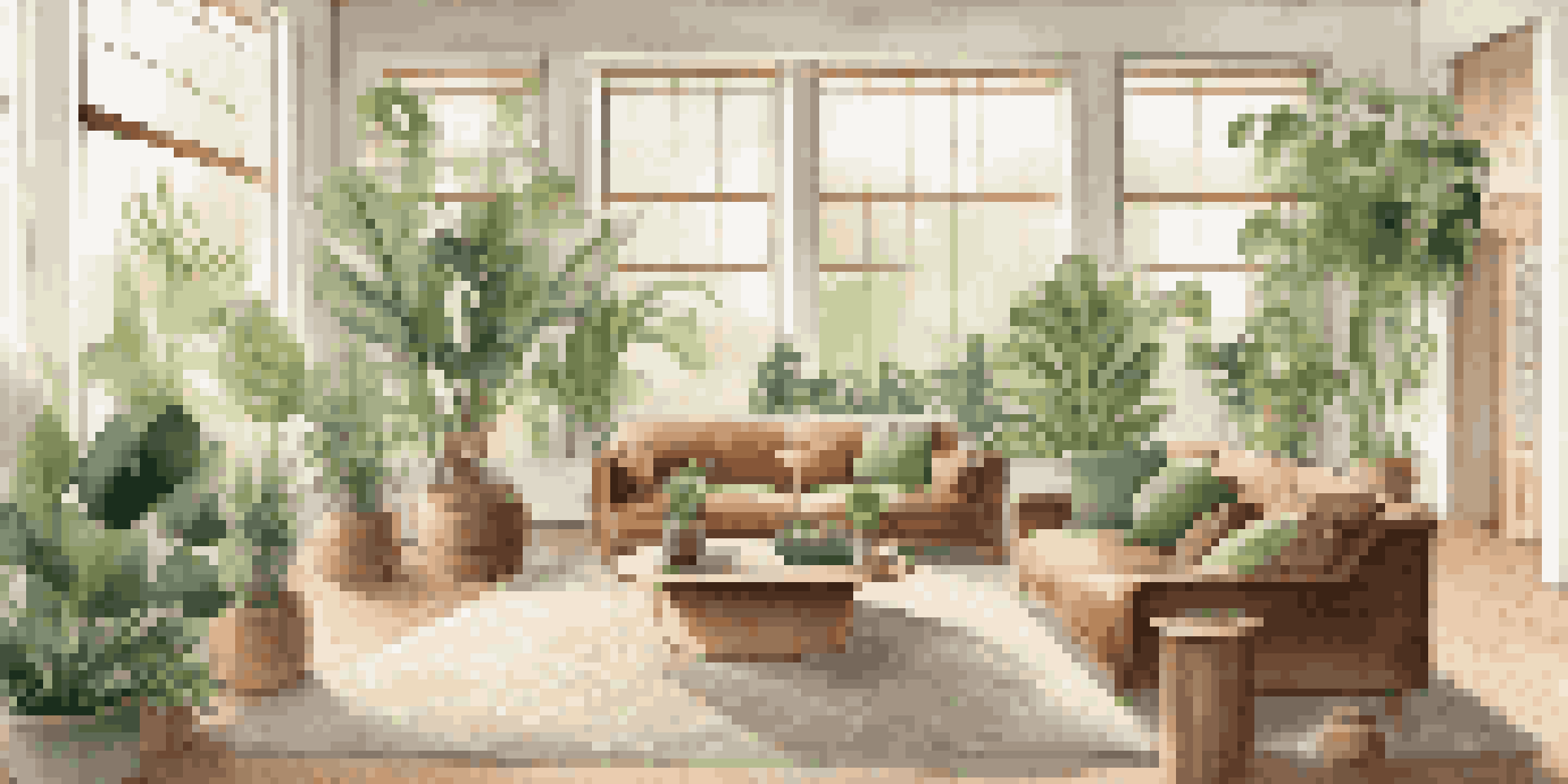 A spacious living room filled with natural light, featuring indoor plants, wooden furniture, and soft cushions in calming colors.