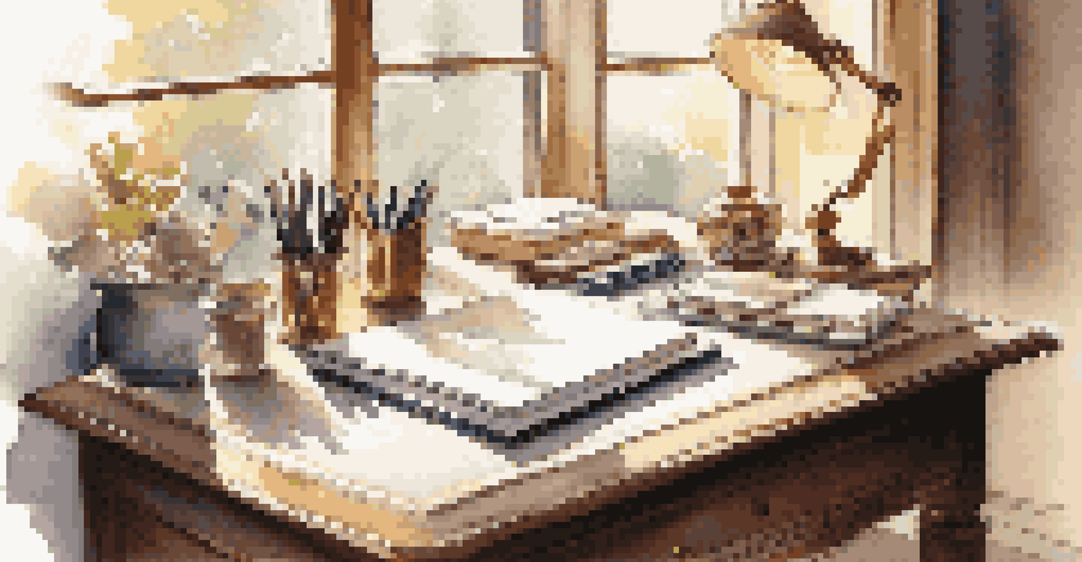 A neatly organized workspace with luxury stationery items, including pens and notebooks, illuminated by warm sunlight coming through a window.