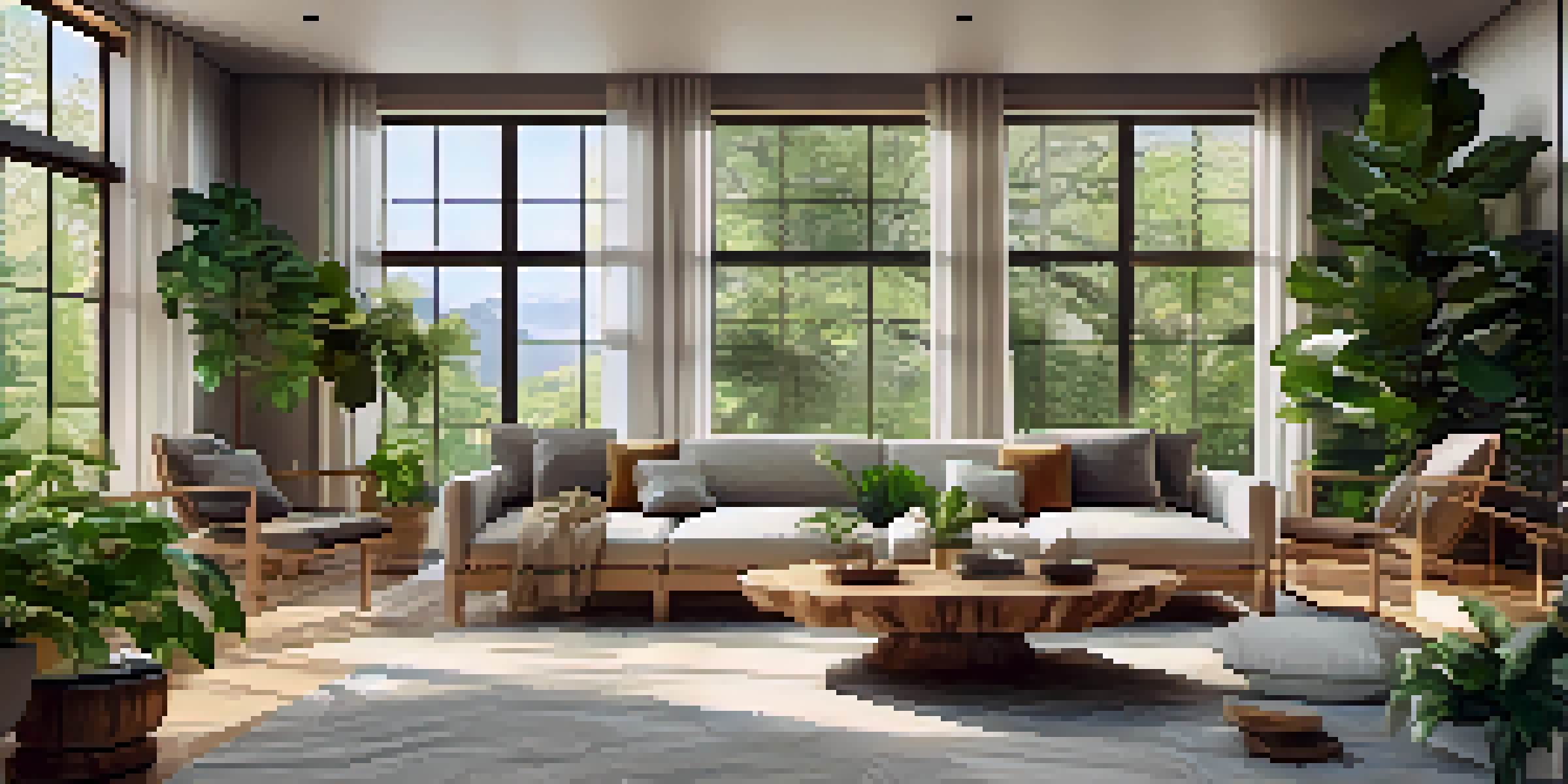 A bright living room filled with natural light, featuring large windows, indoor plants, and wooden furniture, creating a serene atmosphere.