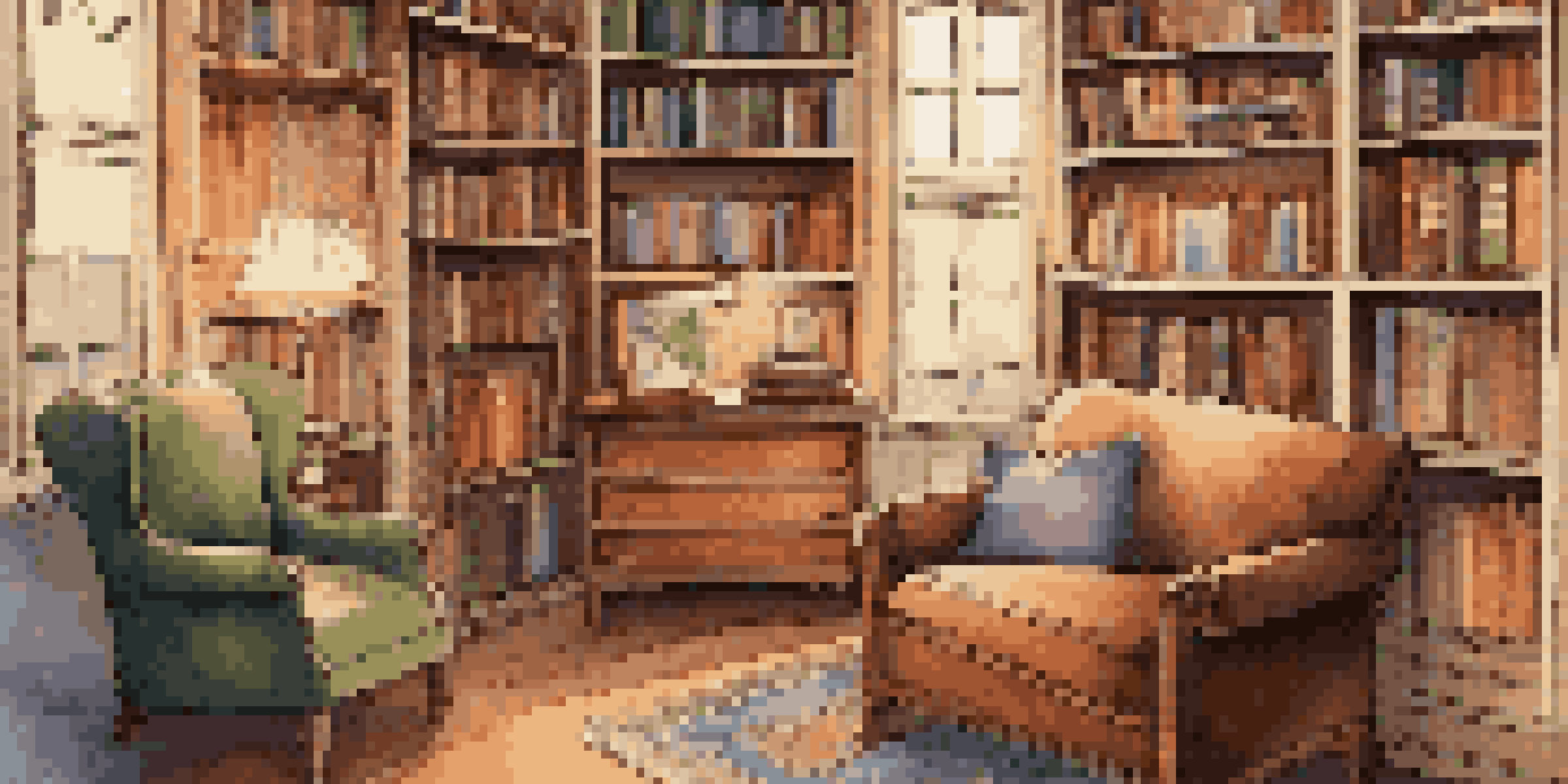 A cozy home library with a vintage wooden card catalog, colorful books on shelves, and a plush armchair under soft, warm lighting.
