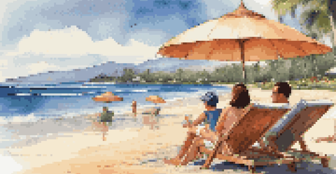 A family enjoying a day at the beach in Maui, with parents relaxing in lounge chairs and children playing in the sand.