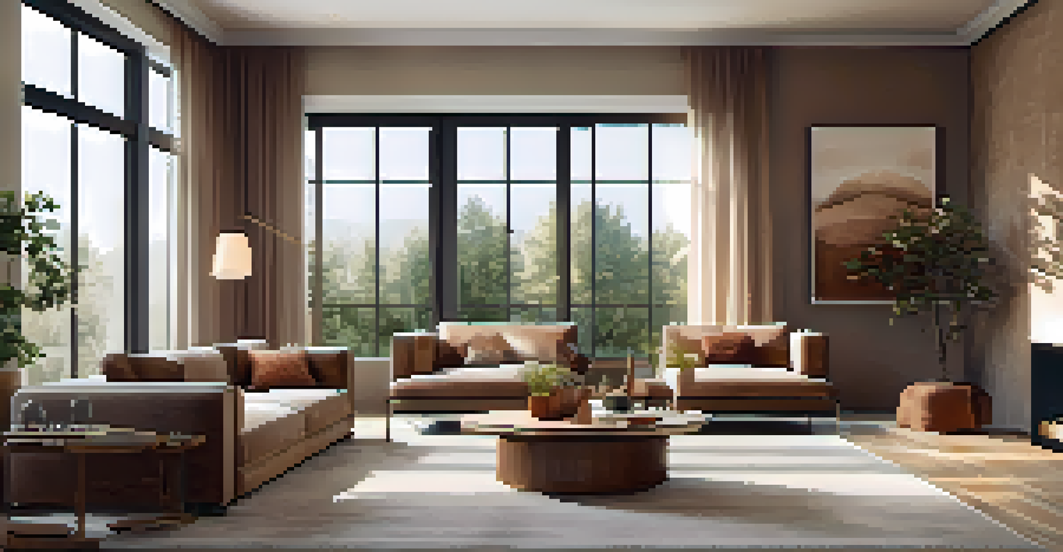 An open and elegant living room designed for mindfulness with warm colors and natural light.