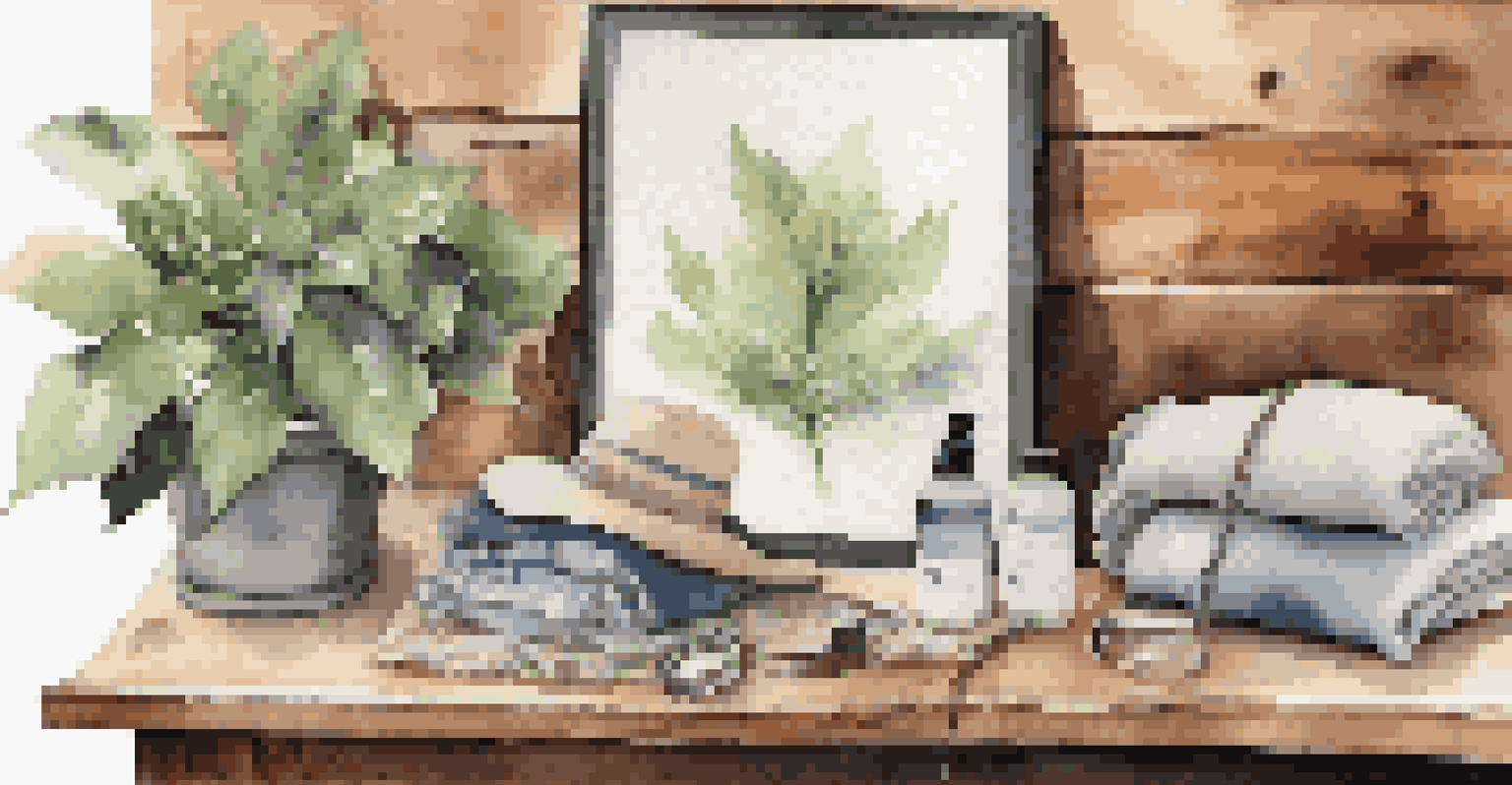 An arrangement of eco-friendly fashion items on a wooden table, showcasing organic fabrics and sustainable accessories, with a plant in the background.