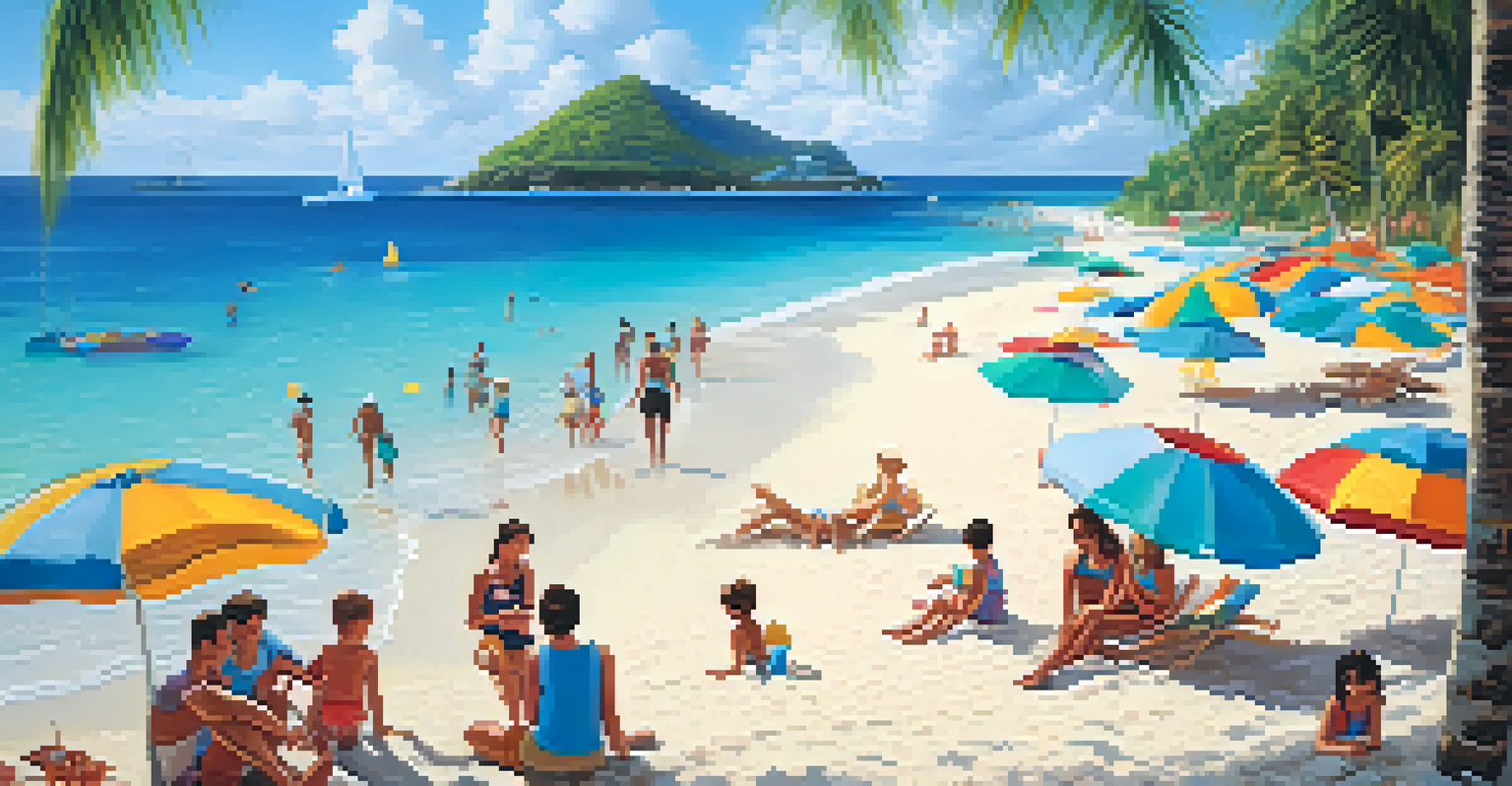 A family enjoying a sunny day at a Caribbean beach, building sandcastles with turquoise waters and palm trees in the background.