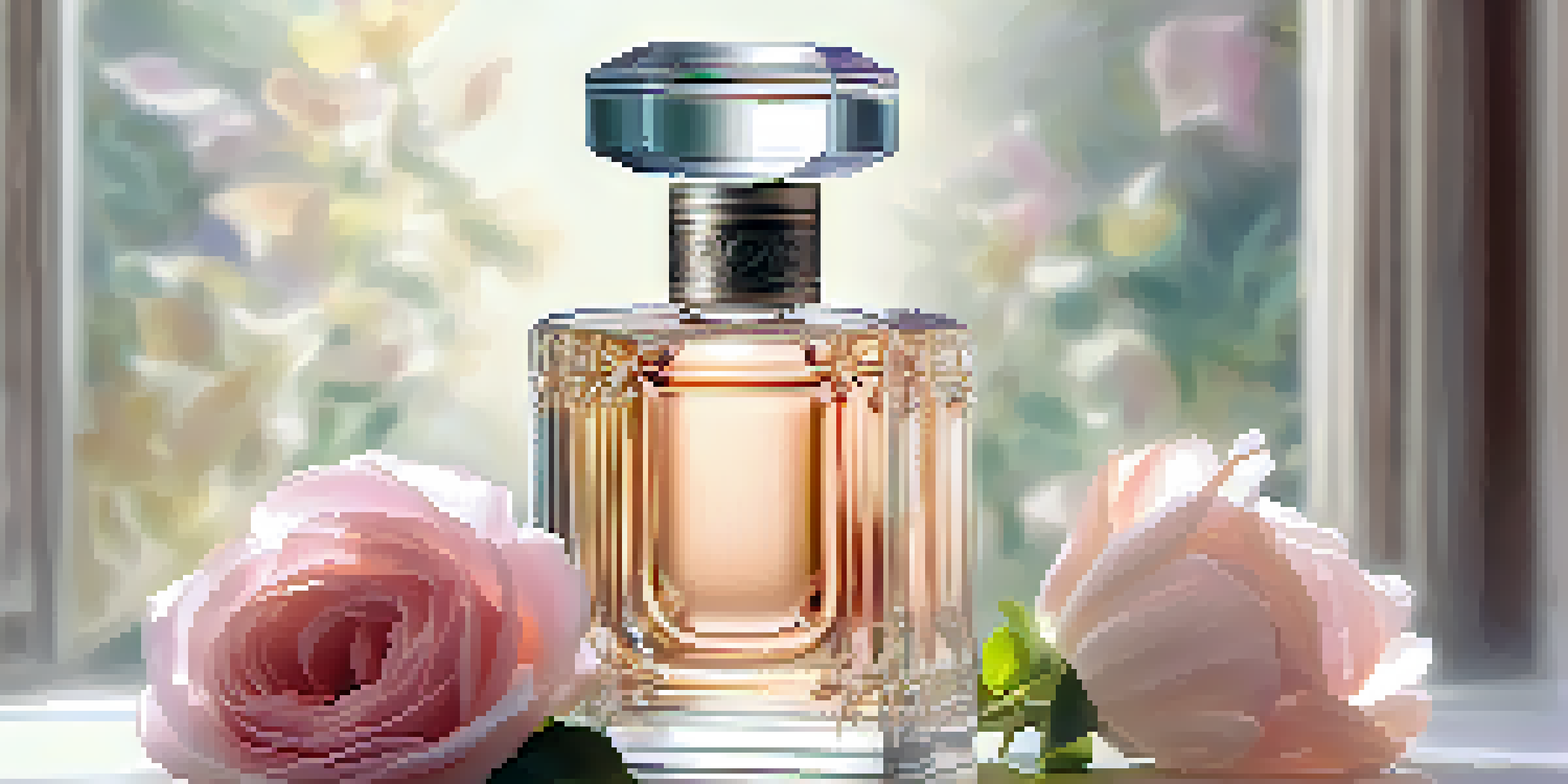 An elegant perfume bottle surrounded by fresh flowers, with soft pastel colors in the background and warm sunlight creating a serene atmosphere.