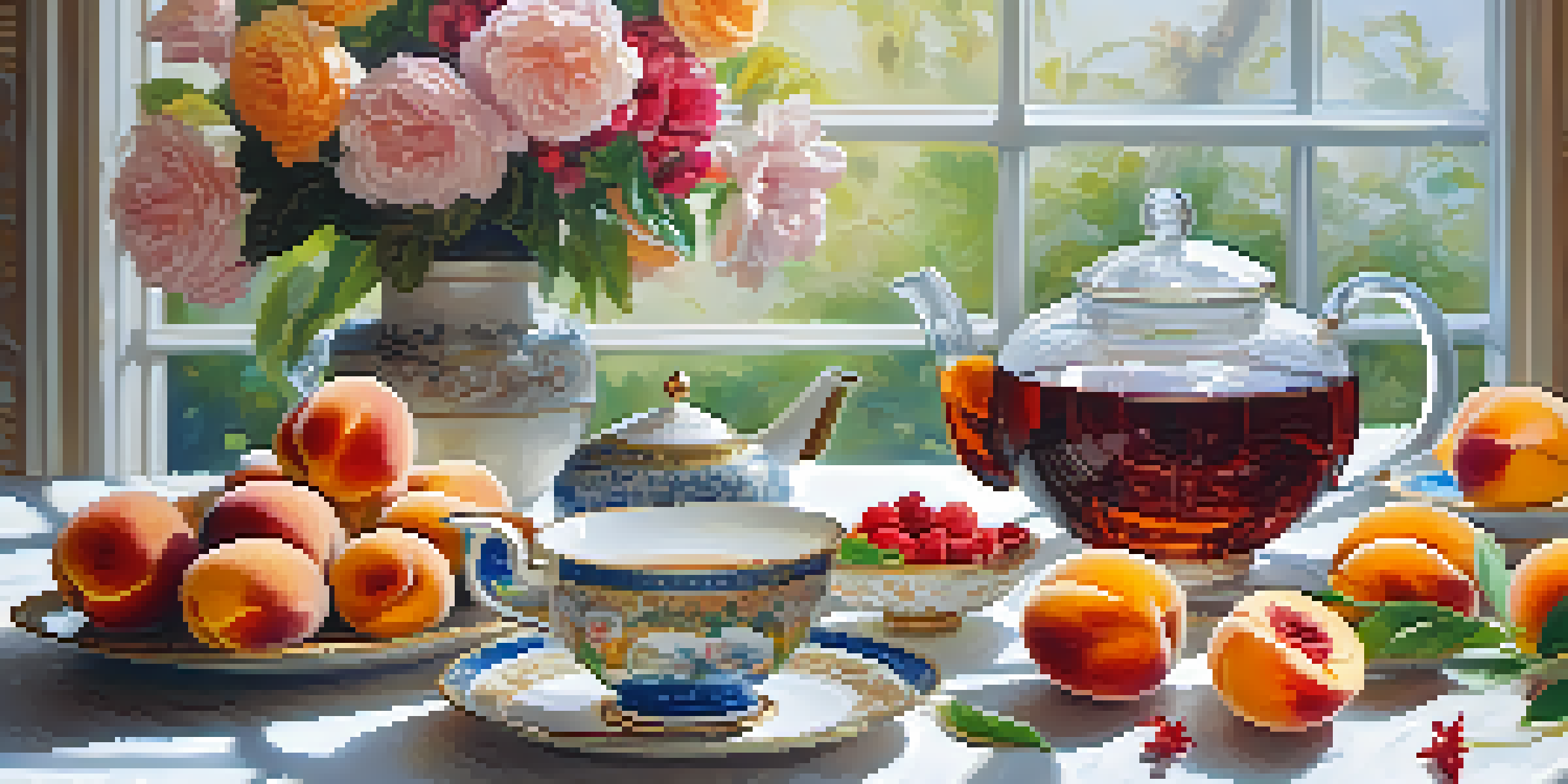An elegant porcelain teapot with delicate cups and colorful luxury tea blends, surrounded by fresh fruits and flowers, illuminated by soft natural light.