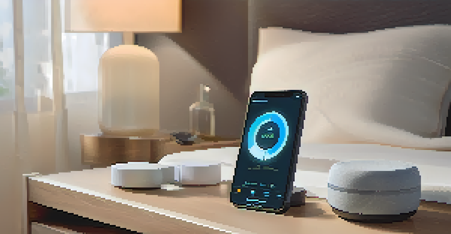 A modern sleep tracking device on a bedside table next to a pillow, with a smartphone displaying sleep analytics.