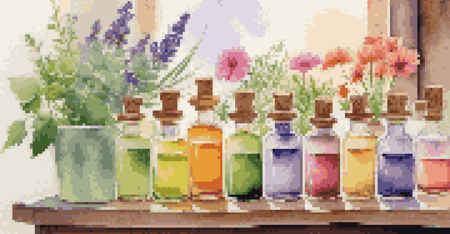 Colorful essential oil bottles surrounded by fresh herbs and flowers in a peaceful spa environment.