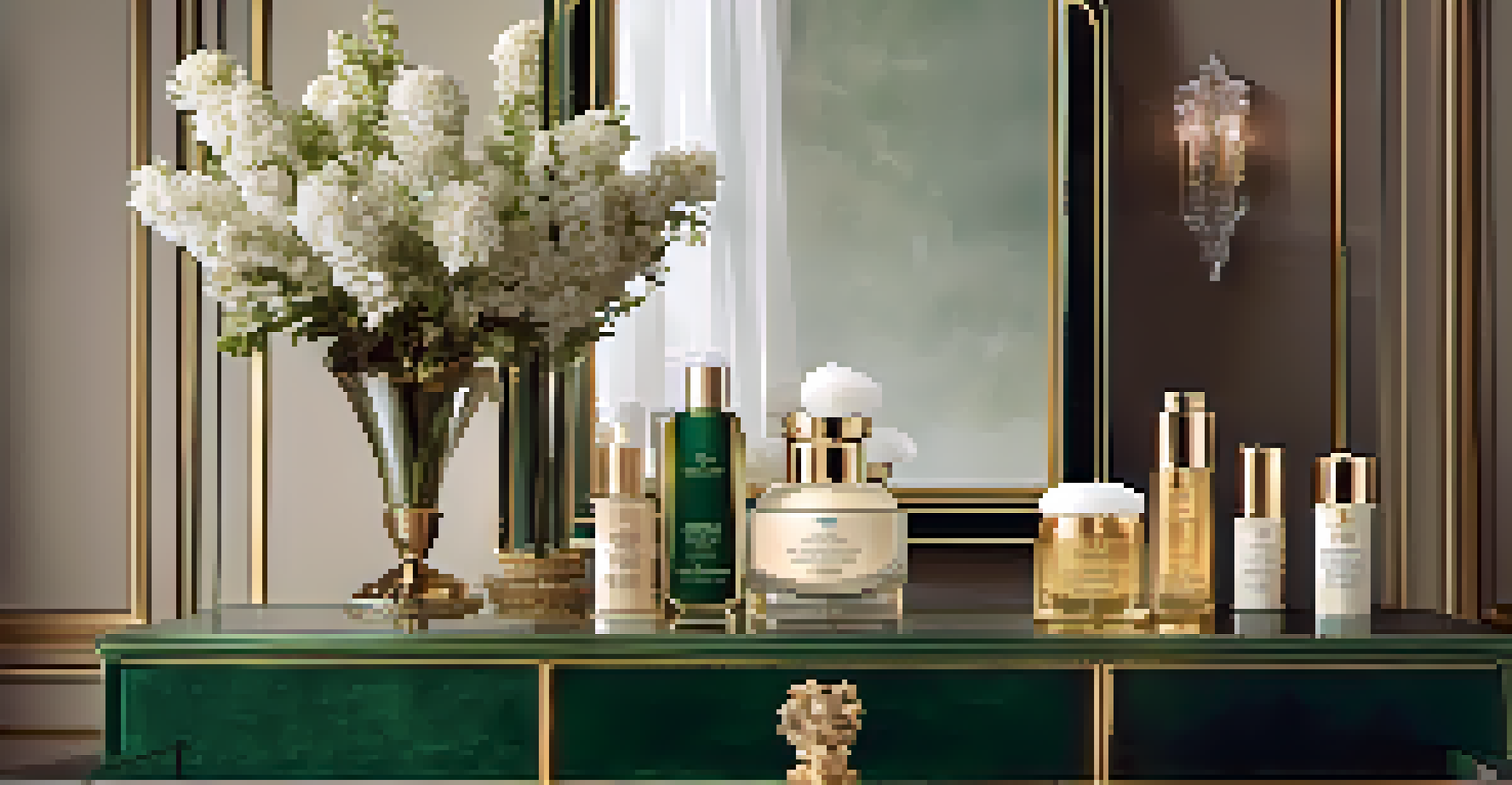 An elegant vanity table with high-end skincare products and a plush chair in a softly lit room.