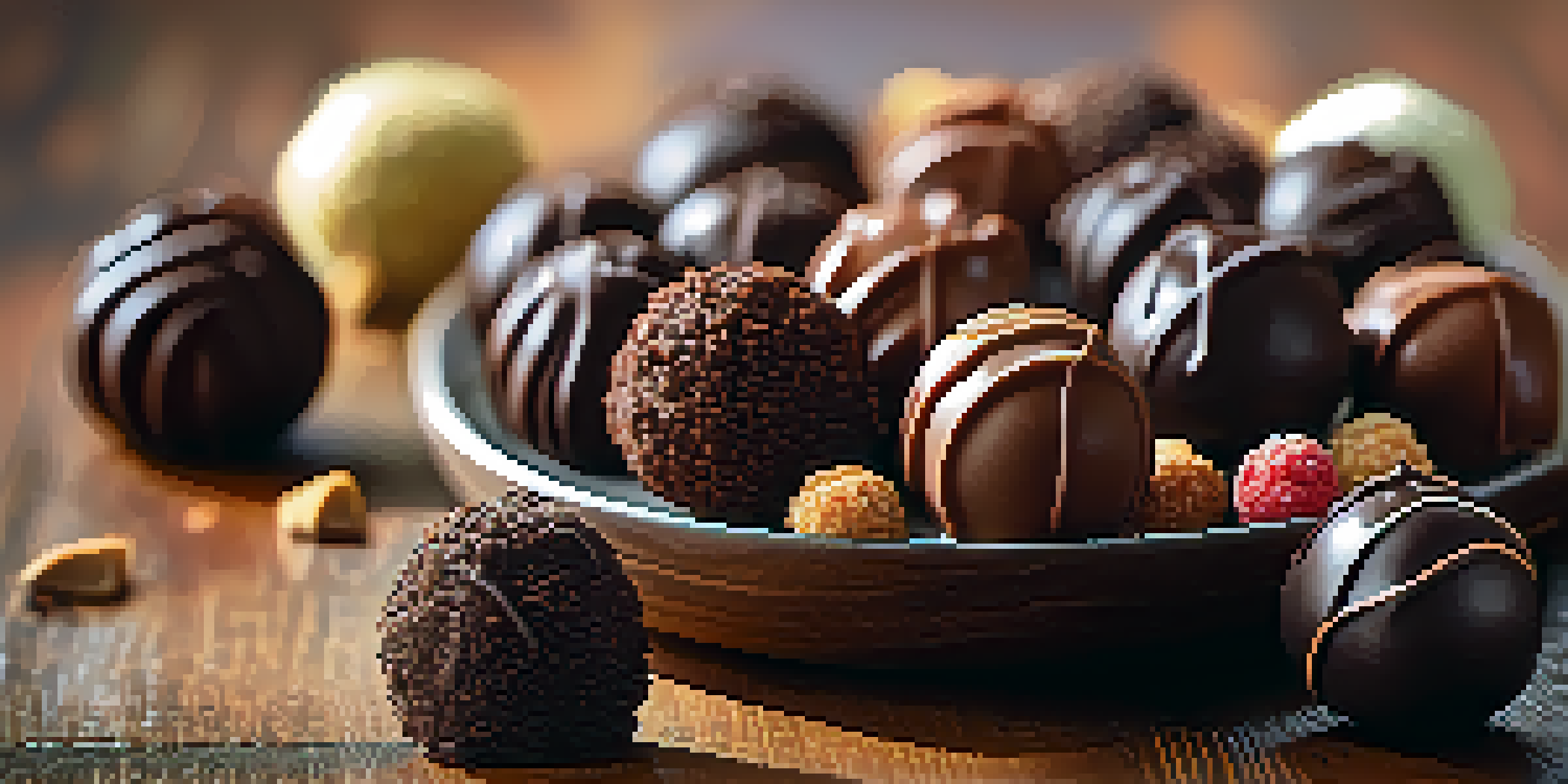 An assortment of chocolate truffles on a dark wooden surface, glistening in soft light.