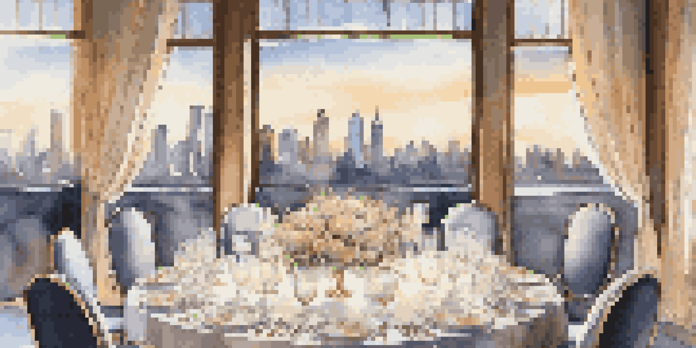 An upscale dining table elegantly set with fine tableware and floral arrangements, illuminated by soft lighting against a city skyline backdrop.