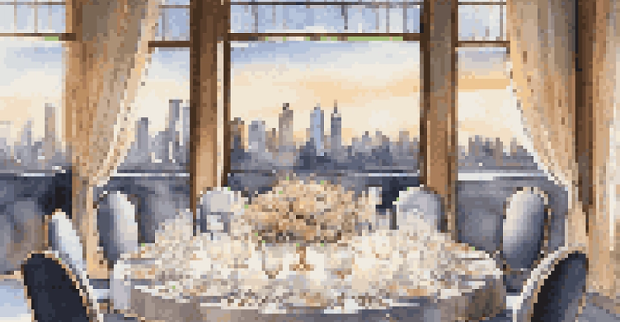 An upscale dining table elegantly set with fine tableware and floral arrangements, illuminated by soft lighting against a city skyline backdrop.