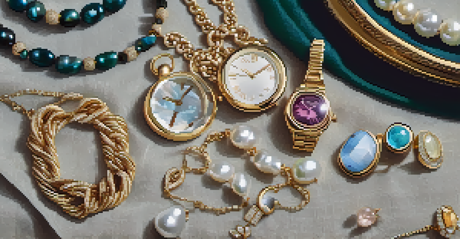 A flat lay of luxury jewelry pieces including a pearl necklace, gold watch, and gemstone rings arranged on textured linen cloth.