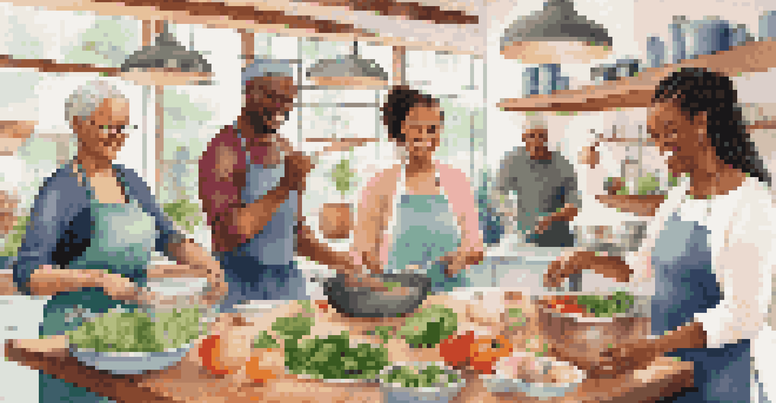 A cooking class at a wellness retreat with diverse participants preparing healthy dishes in a bright kitchen filled with colorful ingredients.
