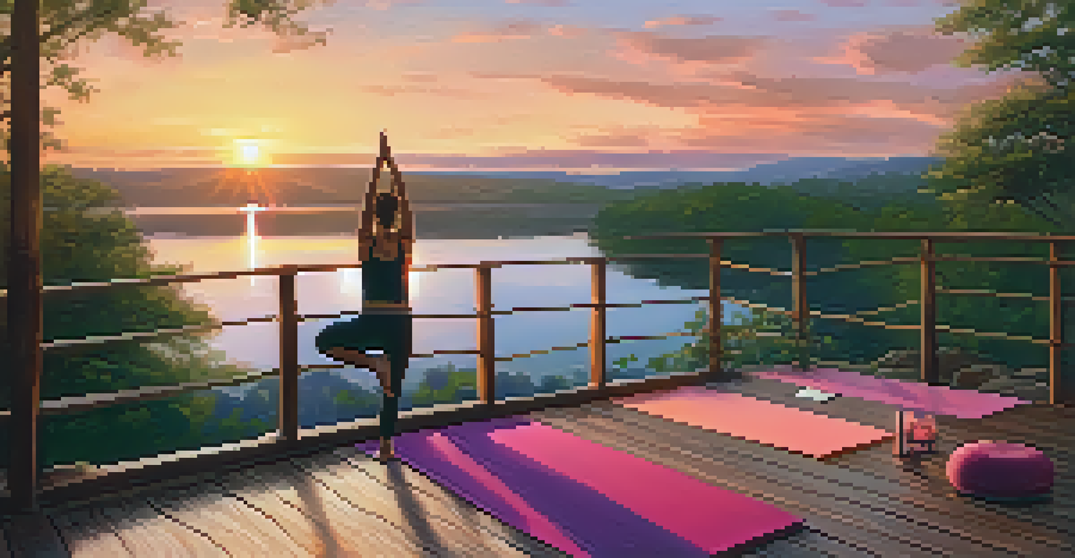 A person practicing yoga on a wooden deck at sunset, overlooking a tranquil lake, surrounded by vibrant nature.