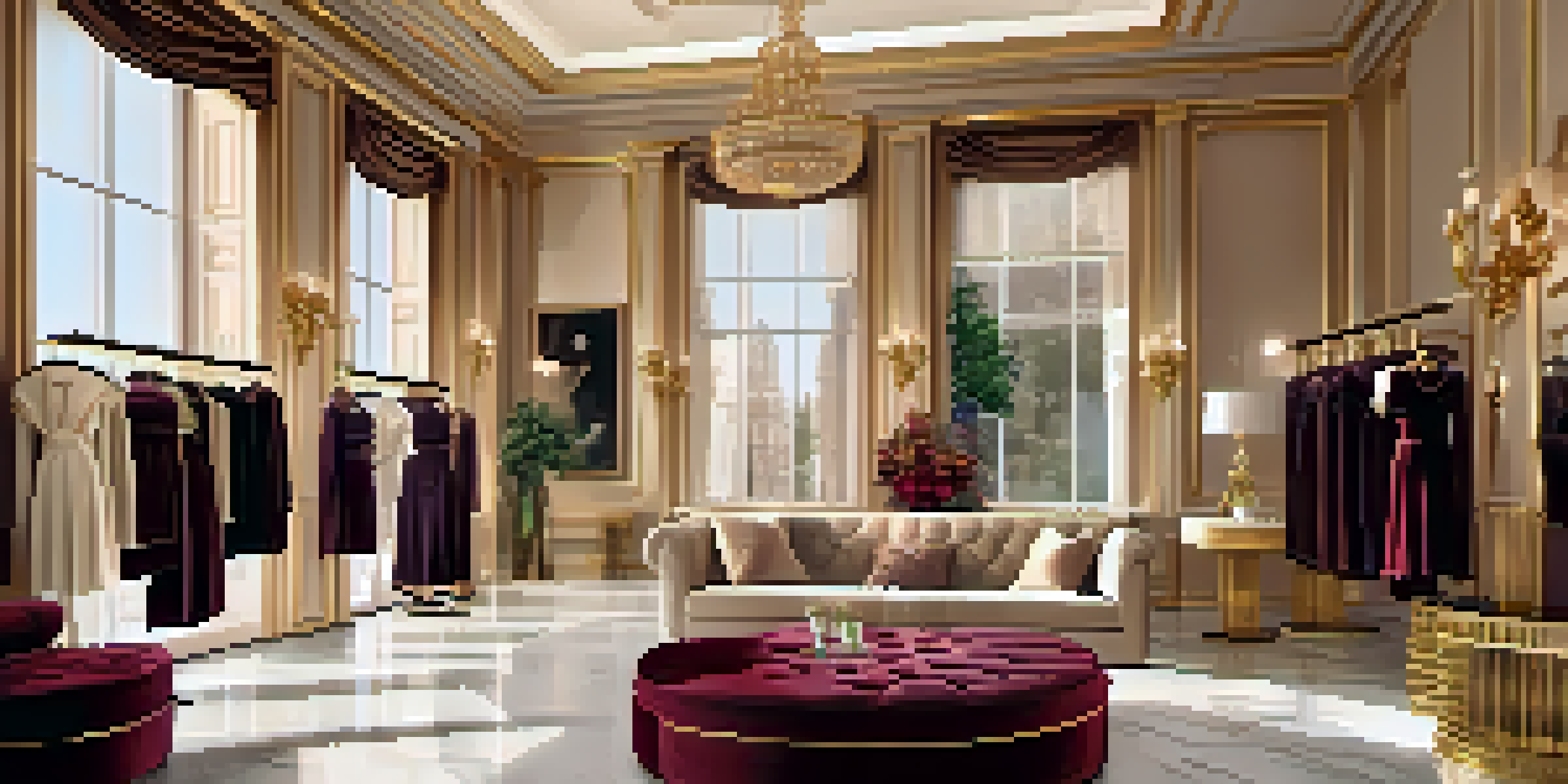 An elegant boutique showcasing luxury fashion with warm lighting, marble floors, and stylish displays.