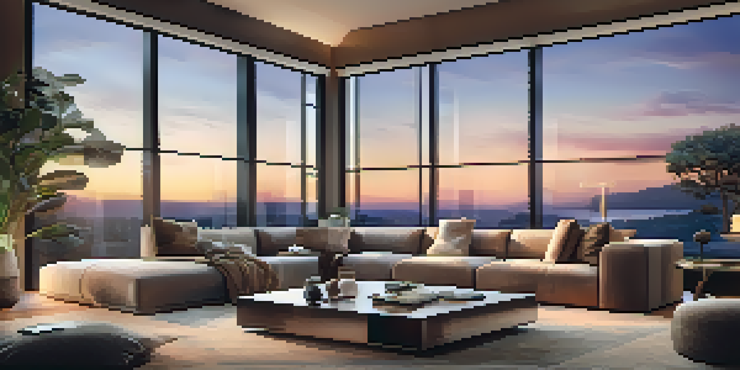 A luxurious living room with advanced home automation features, showcasing smart lighting and a sleek tablet on a coffee table.