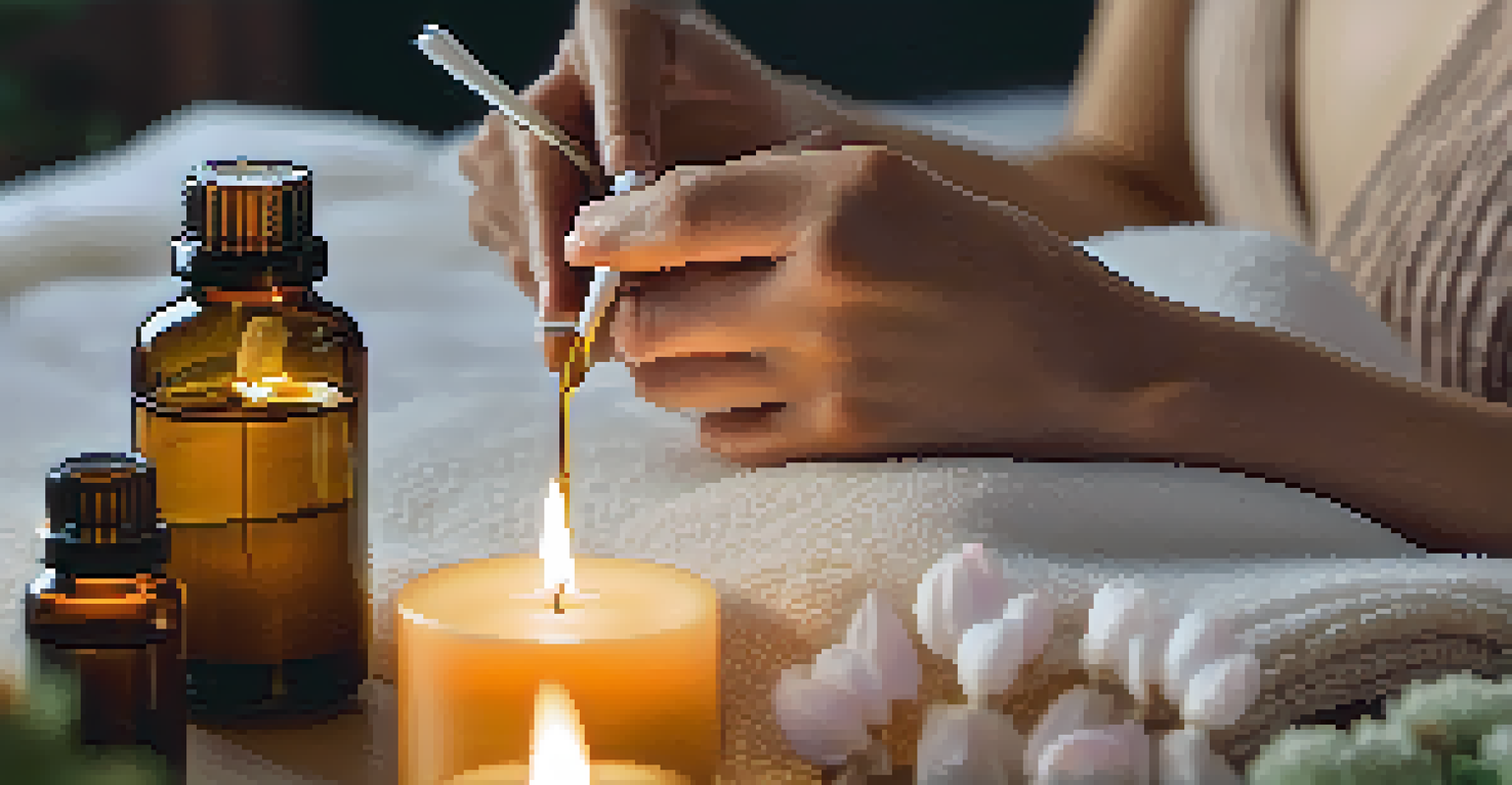 A person relaxing during an aromatherapy treatment with essential oils in the background, surrounded by a warm, calming atmosphere.