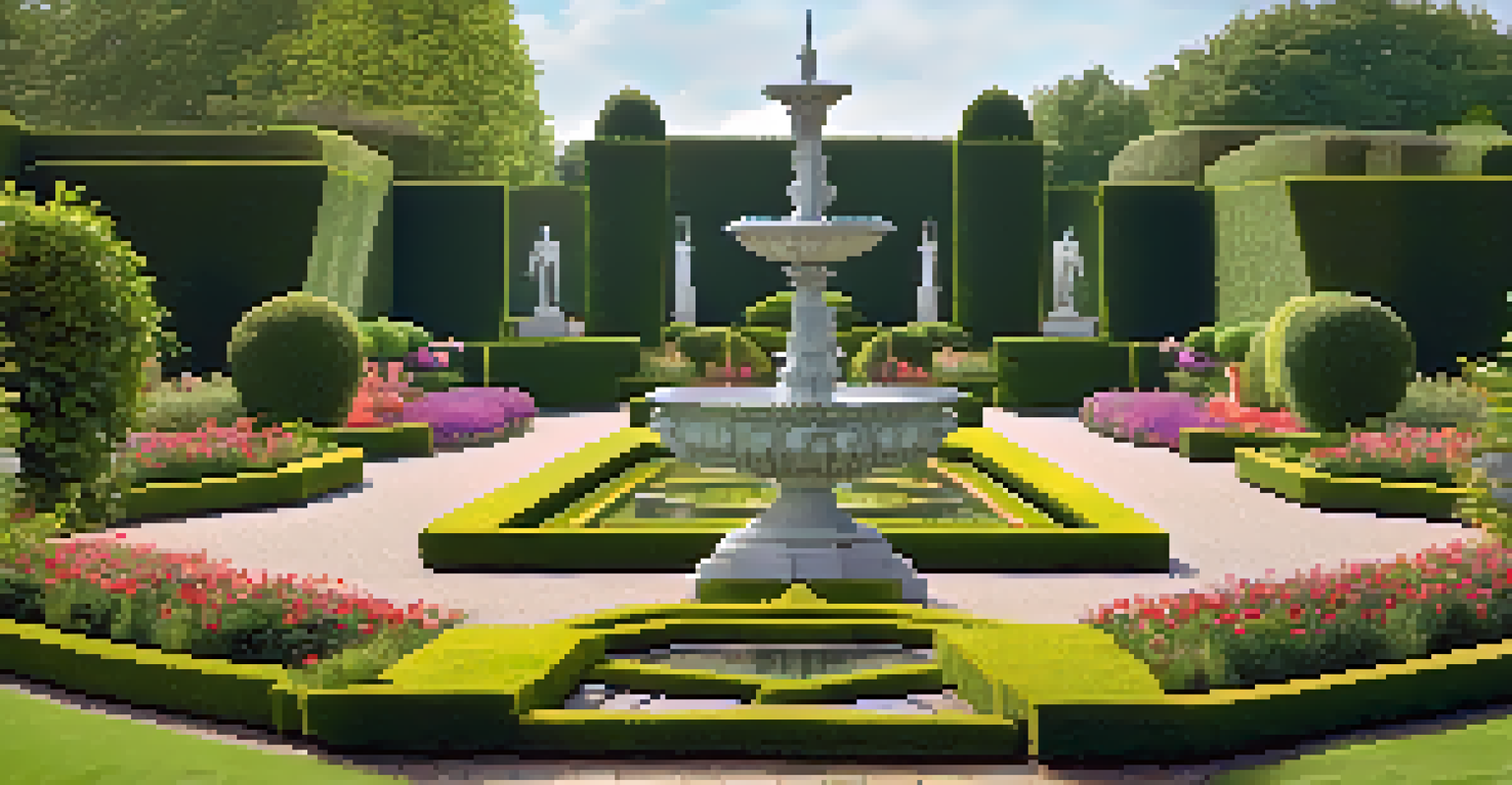 A beautifully arranged formal garden with geometric shapes, a fountain, and vibrant flowers, exuding elegance.