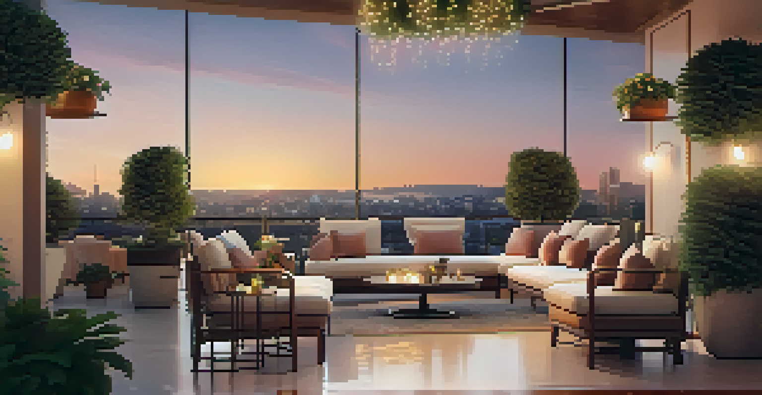 A serene outdoor terrace with lounge furniture, potted plants, and a sunset view of the city skyline, illuminated by fairy lights.