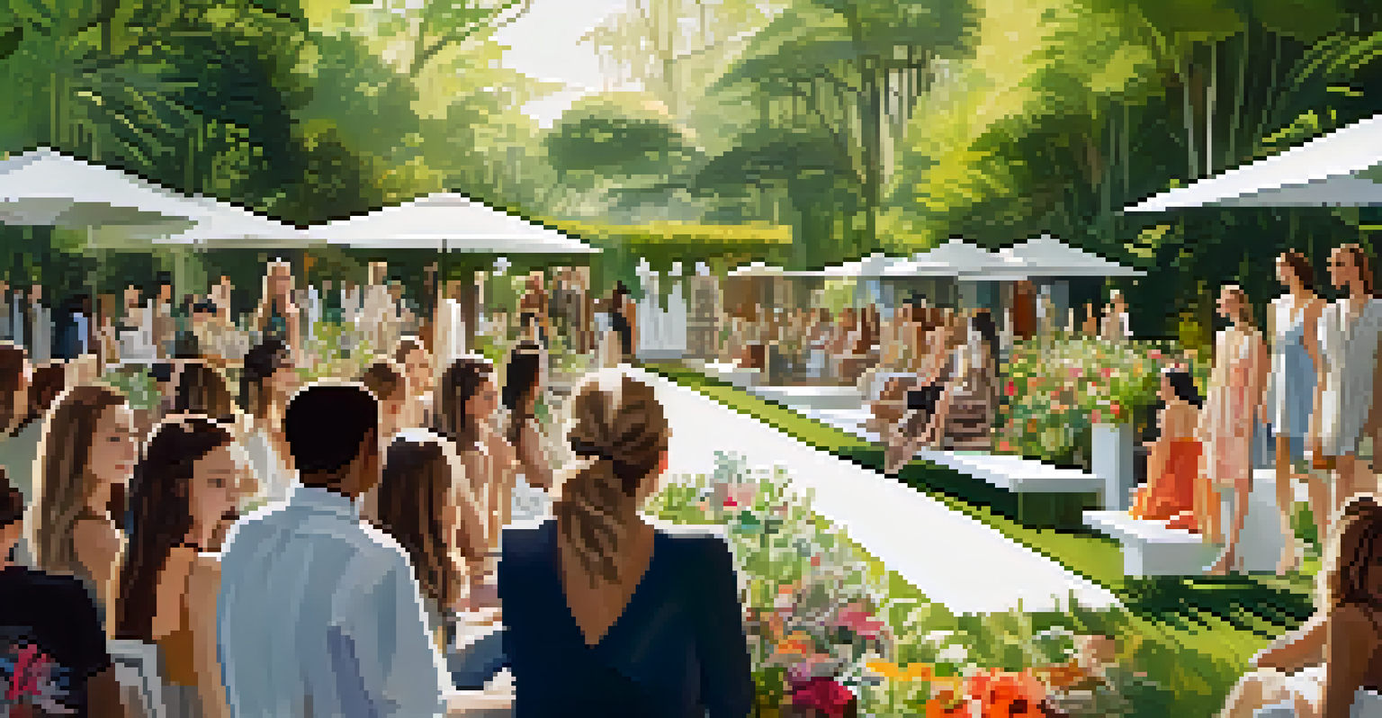 An outdoor fashion show in a garden with models wearing sustainable fashion, surrounded by flowers and an audience on wooden benches.