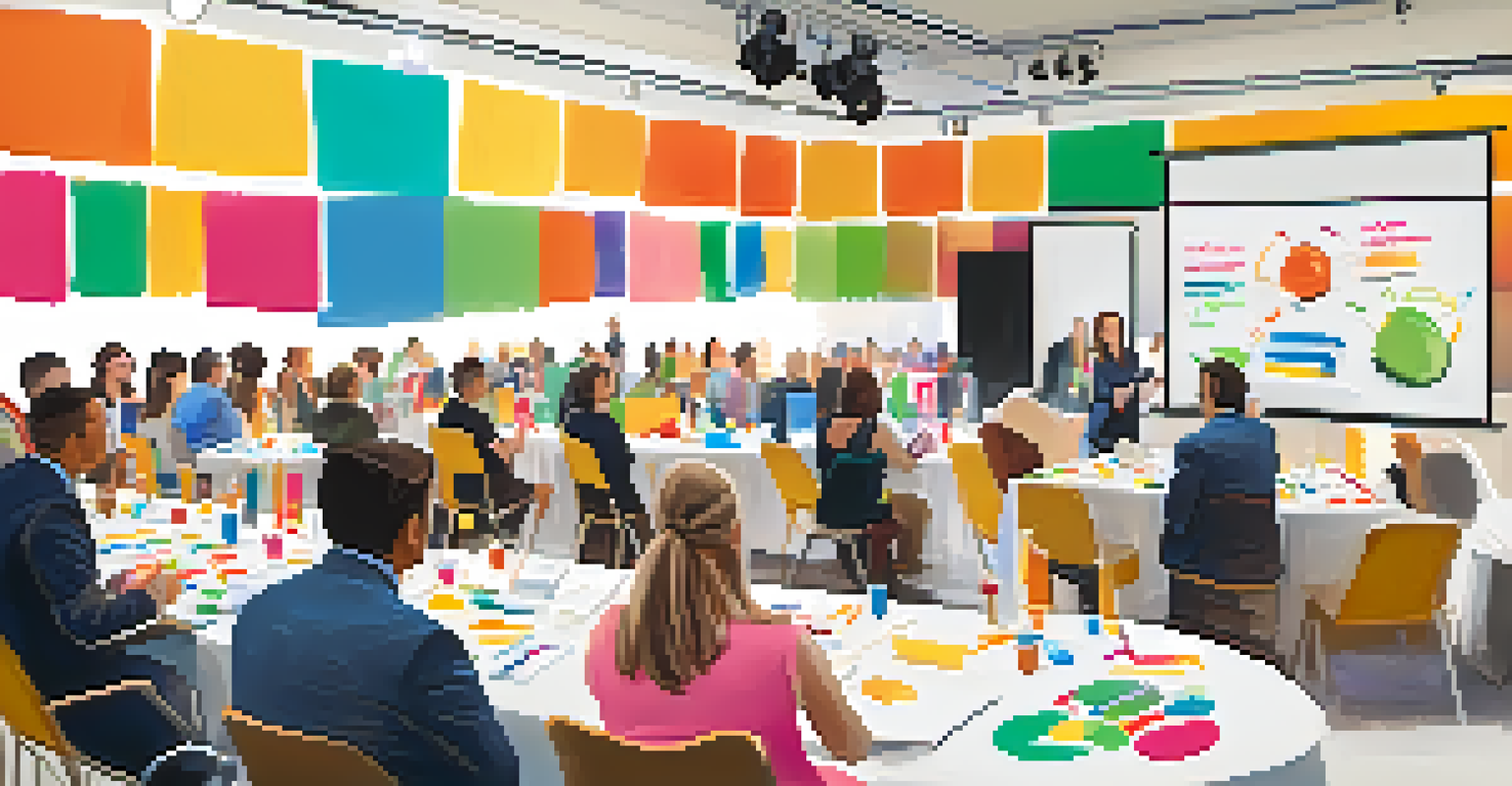 Attendees participating in an interactive workshop at a corporate event, with colorful decorations and a facilitator leading the session.