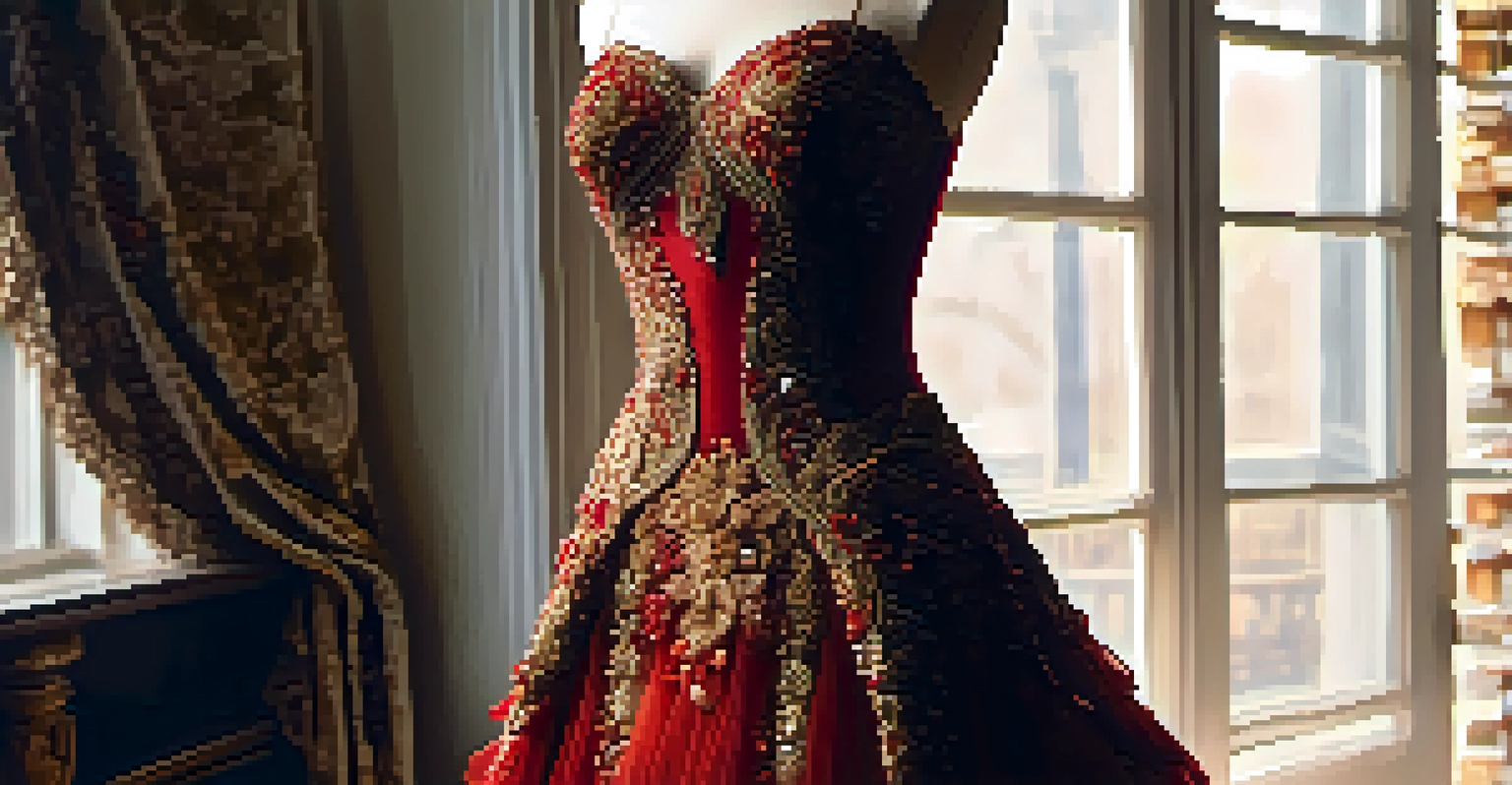 A detailed view of a luxurious haute couture dress on a mannequin in a designer's studio, showcasing intricate beadwork and rich colors.
