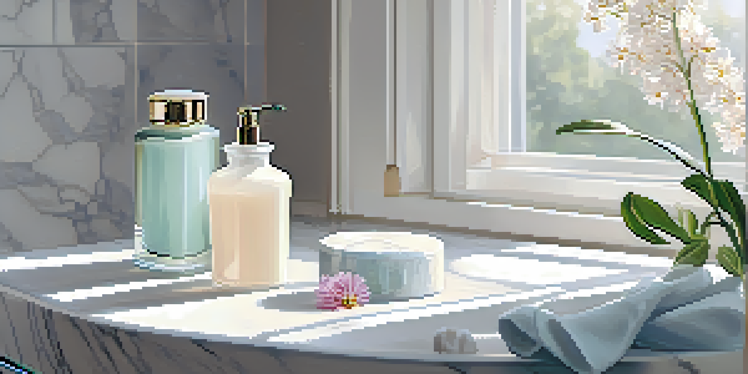 A bright and elegant bathroom countertop with luxurious skincare products and a flower, illuminated by soft natural light.