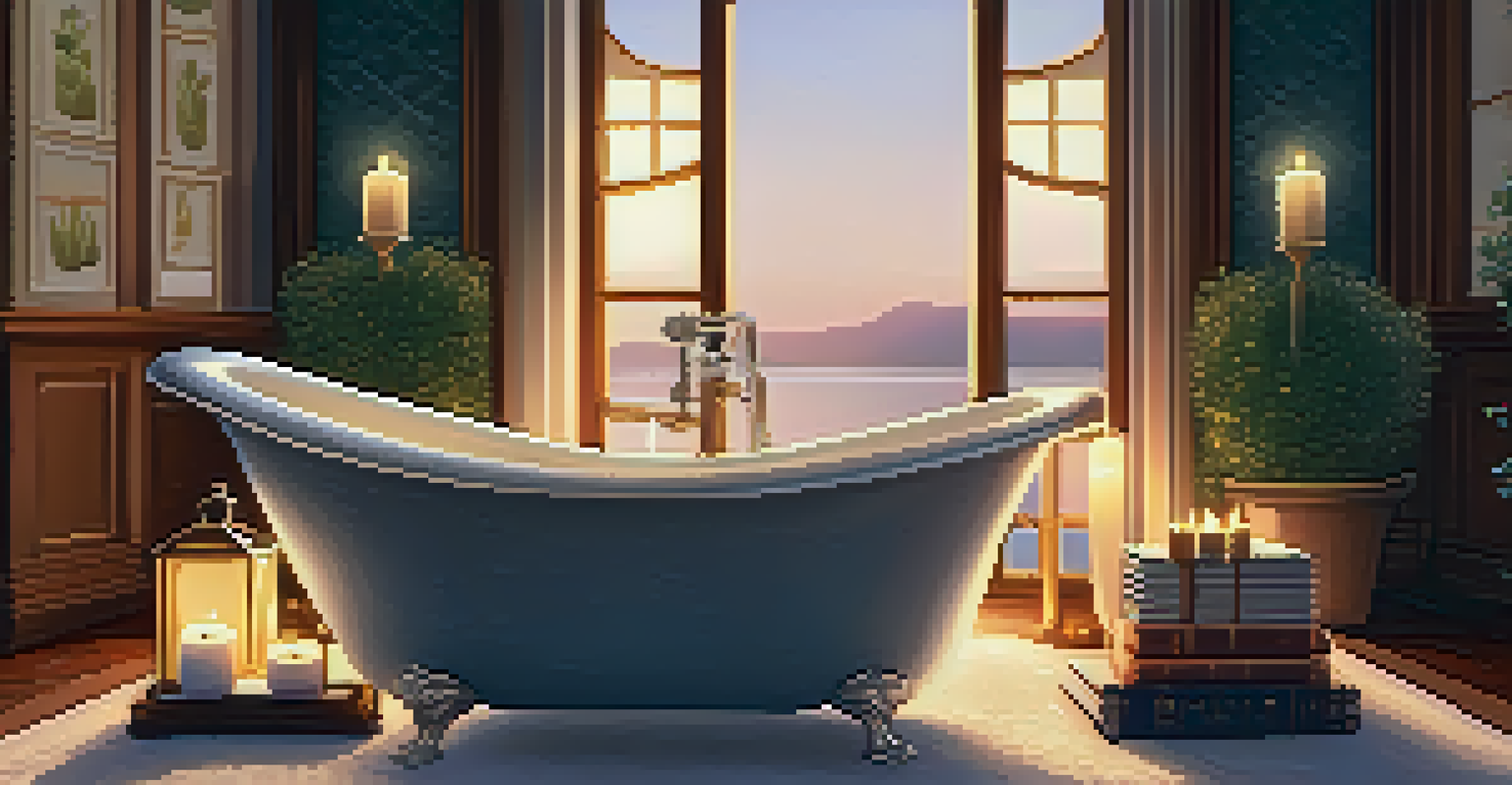 A cozy home spa scene with a bubble-filled bathtub, candles, herbal tea, and a book.