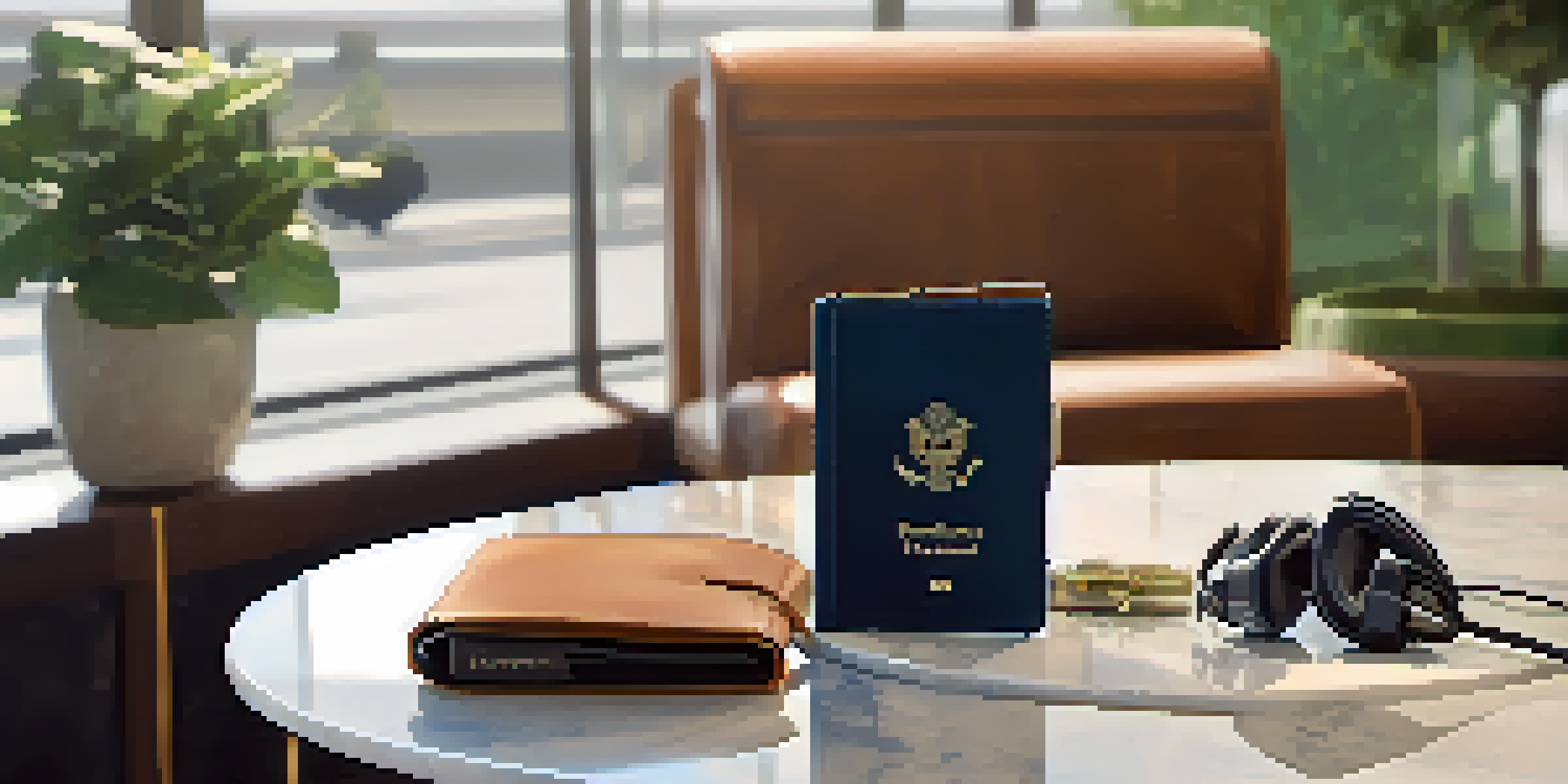 A marble table displaying a leather passport holder, a stylish travel wallet, and a noise-canceling headset in a luxurious airport lounge.