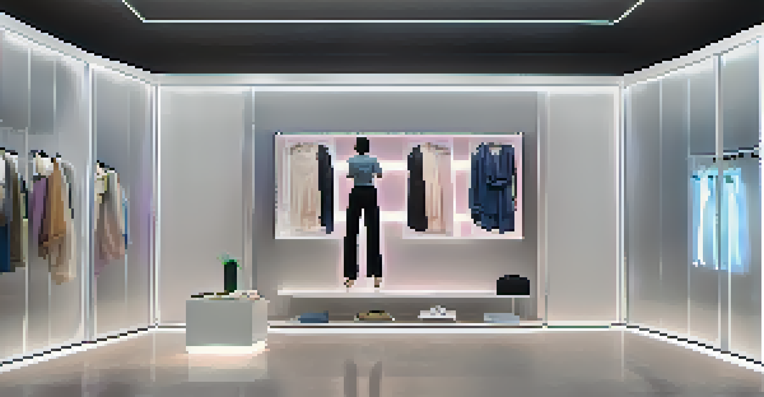 A virtual fitting room with a user interacting with holographic clothing displays in a stylish interior.
