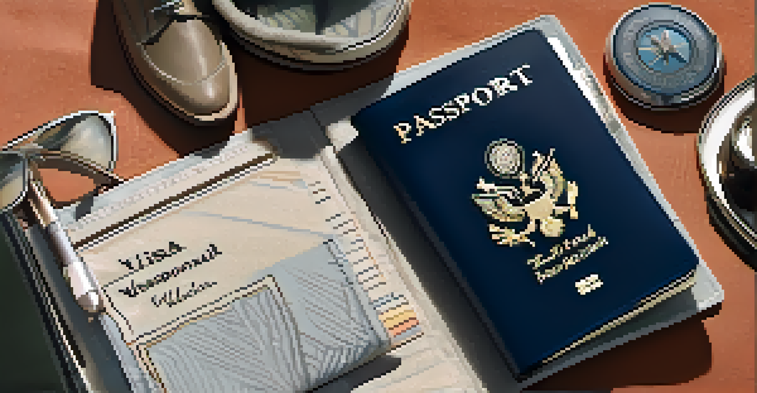 Essential travel items including a passport, visa documents, and health records arranged on a textured fabric surface.