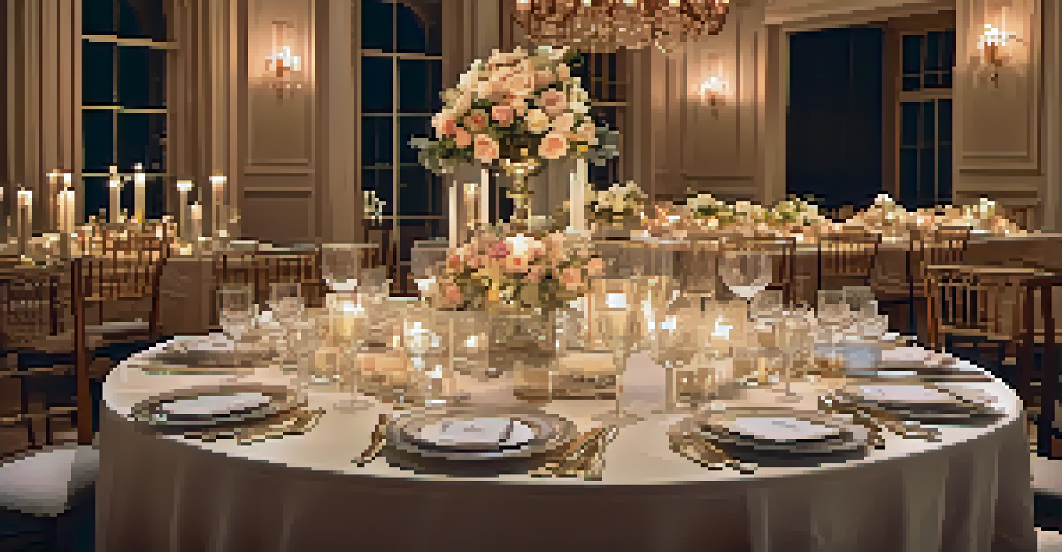 An elegantly set dining table with fine china and floral arrangements, illuminated by candlelight.