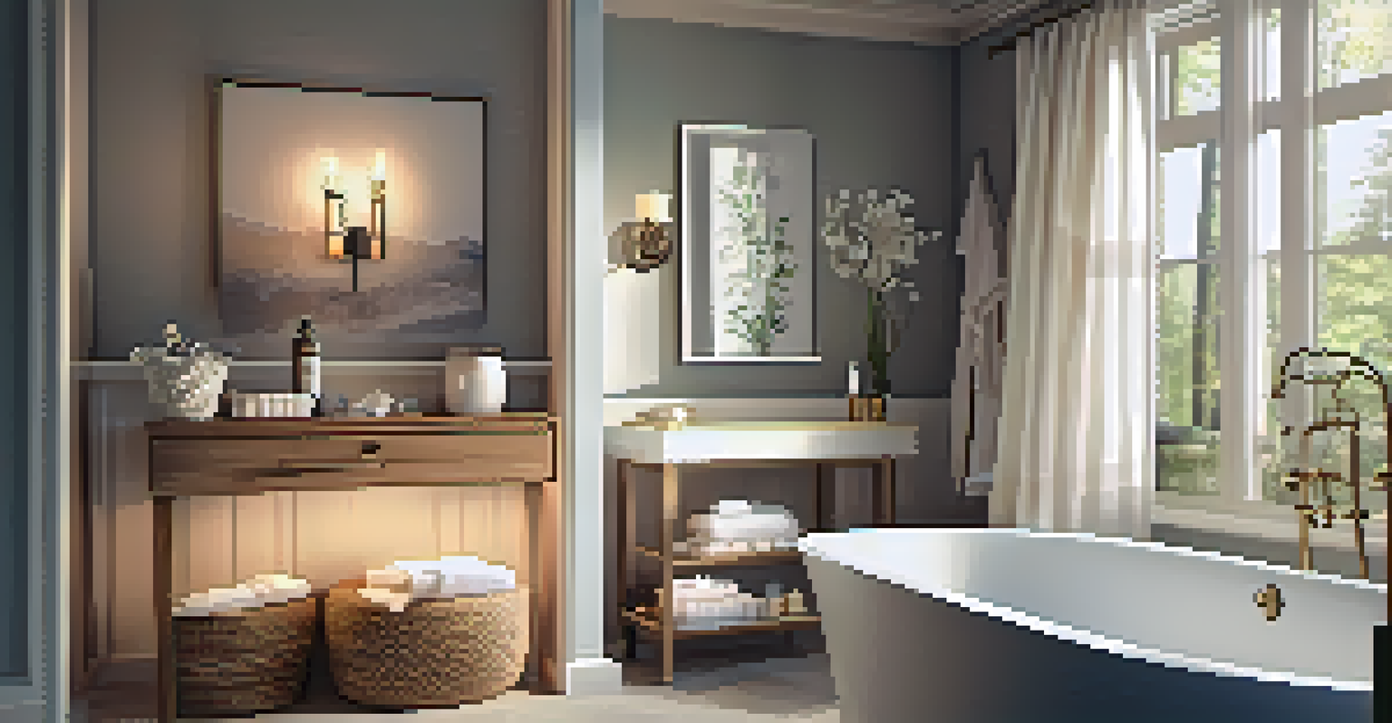 A cozy bathroom corner with a plush bathrobe, soft bath mat, and a table with candles and essential oils, creating a spa-like atmosphere.