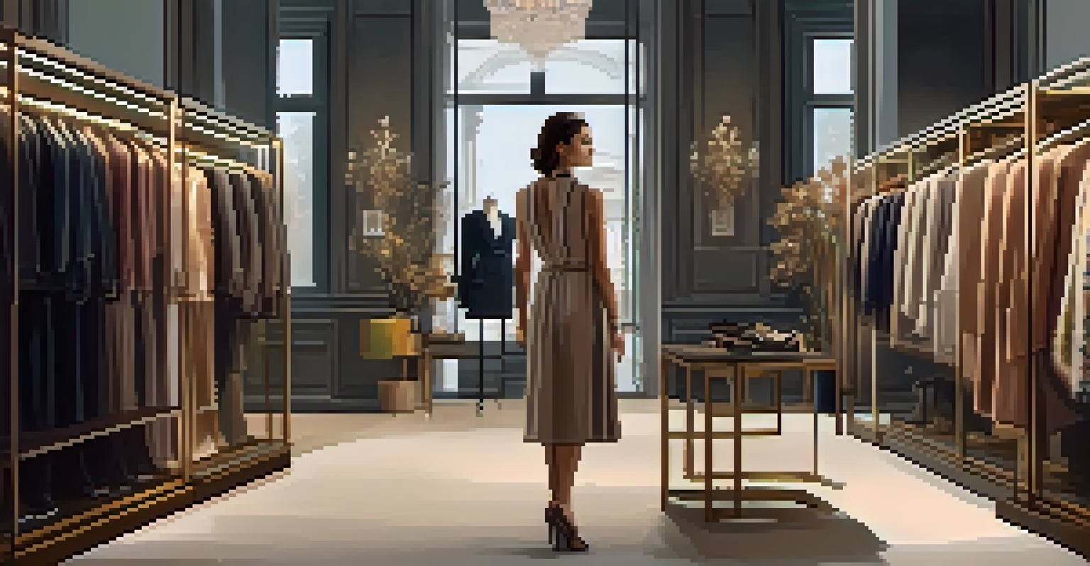A woman in a stylish boutique looking at a collection of second-hand luxury clothes, surrounded by chic decor and soft lighting.