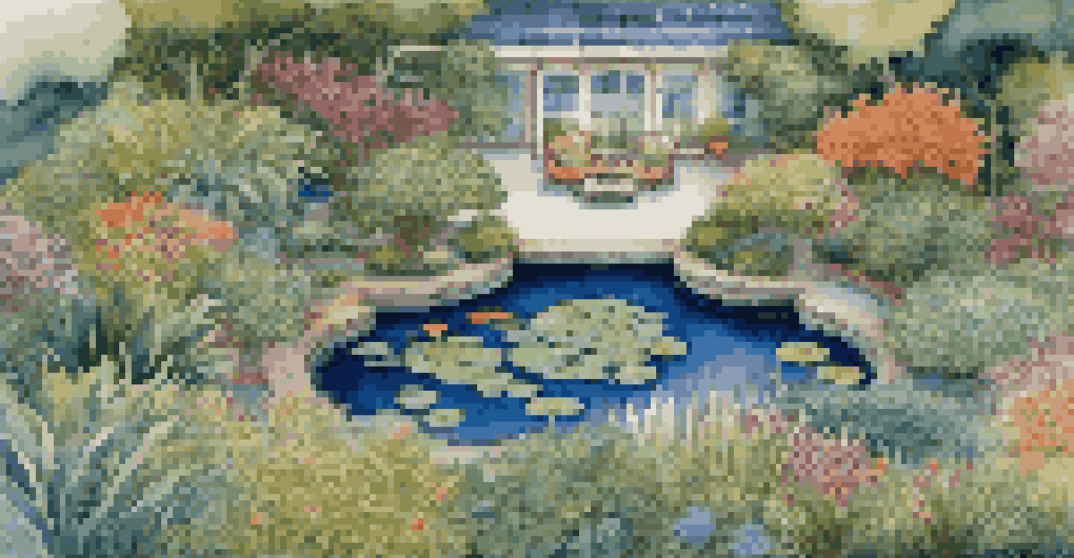 An aerial perspective of a luxury garden featuring plant patterns, a koi pond, and vibrant flowers.